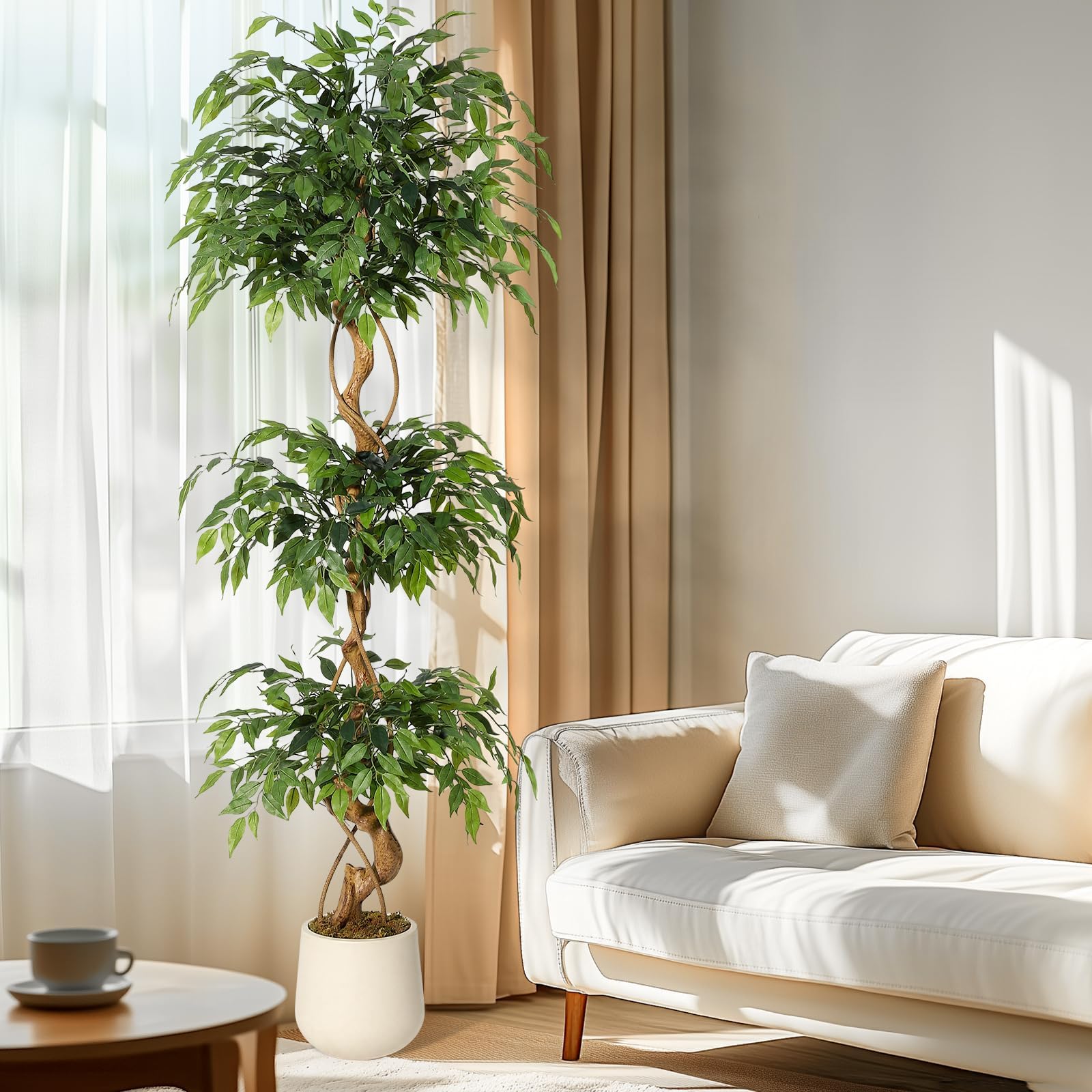 Arbre Artificiel 180cm Tronc Courbé et Pot Blanc, Déco Intérieur | Grande plante artificielle, faux arbre vert silhouette torsadée, végétal synthétique pour entrée, salon, bureau et maison