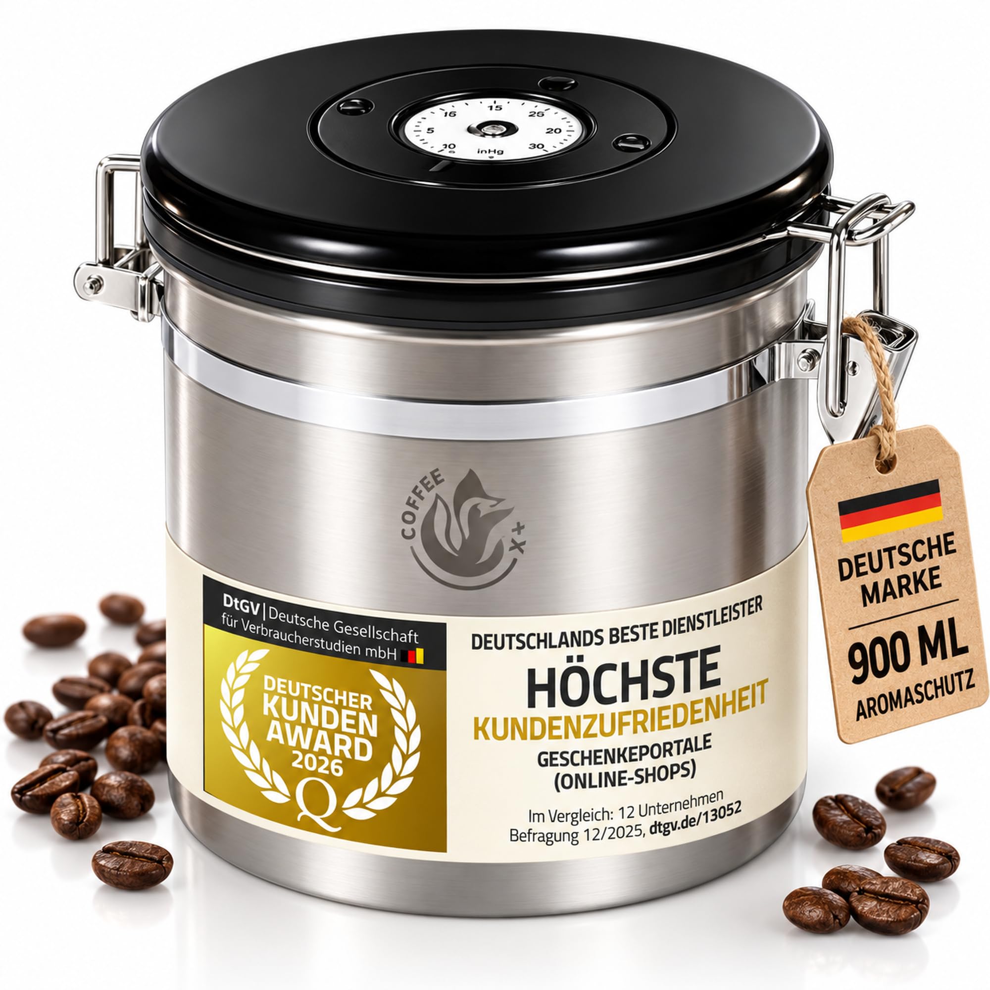 Coffee Fox® Kaffeedose luftdicht 900ml Edelstahl Vakuumdose Aroma-Deckel
