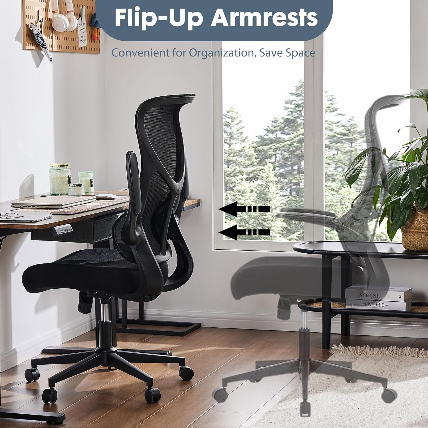 DUMOS Home Office Desk Chair - Ergonomic High Back Mesh Computer Chair with Comfy Flip-up Armrests, Adjustable Height Swivel Task Chair with Wheels, Comfortable Lumbar Support, for Adults, Black