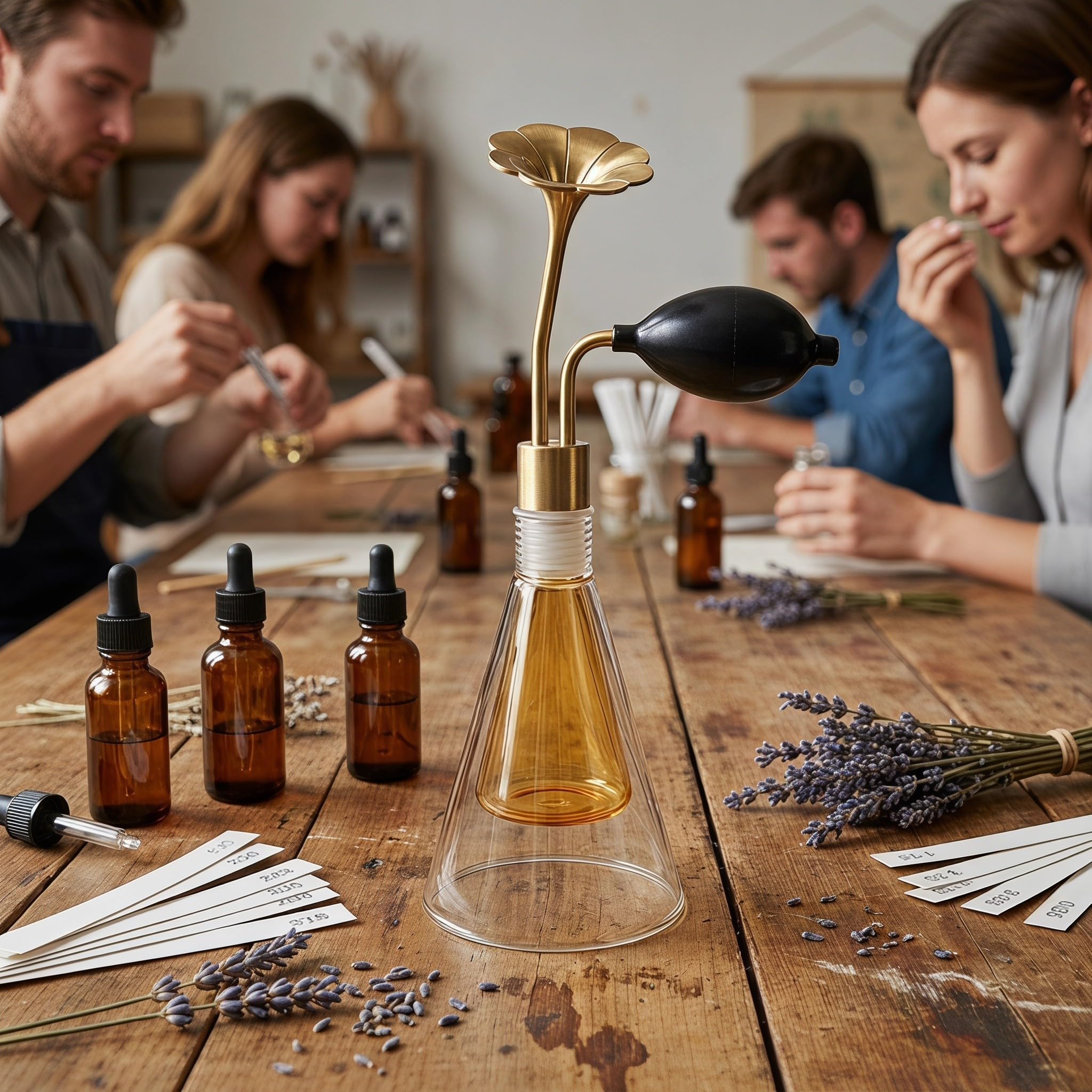 Cabilock Flacone Profumato in Vetro Oro 90ml con Pompa Corta in Rame | Design Retrò, Ugello Floreale e Testa a Imbuto in Ottone, per Vanità e Spa Aromatica