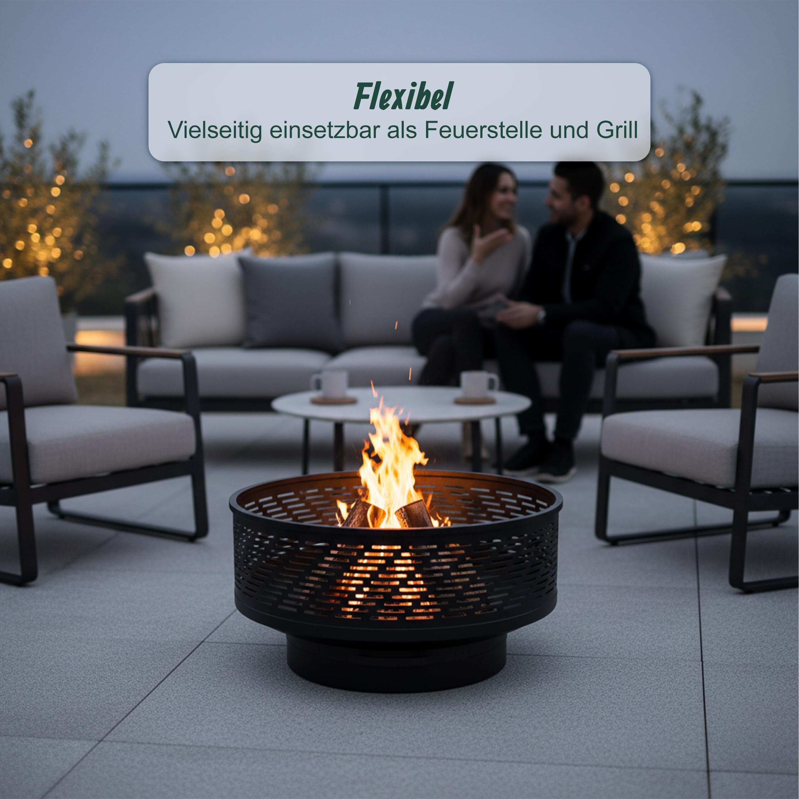 Relaxdays Feuerstelle mit Grillrost, Deckel, Schürhaken, wasserdichte Abdeckung, 66 cm, Schwarz