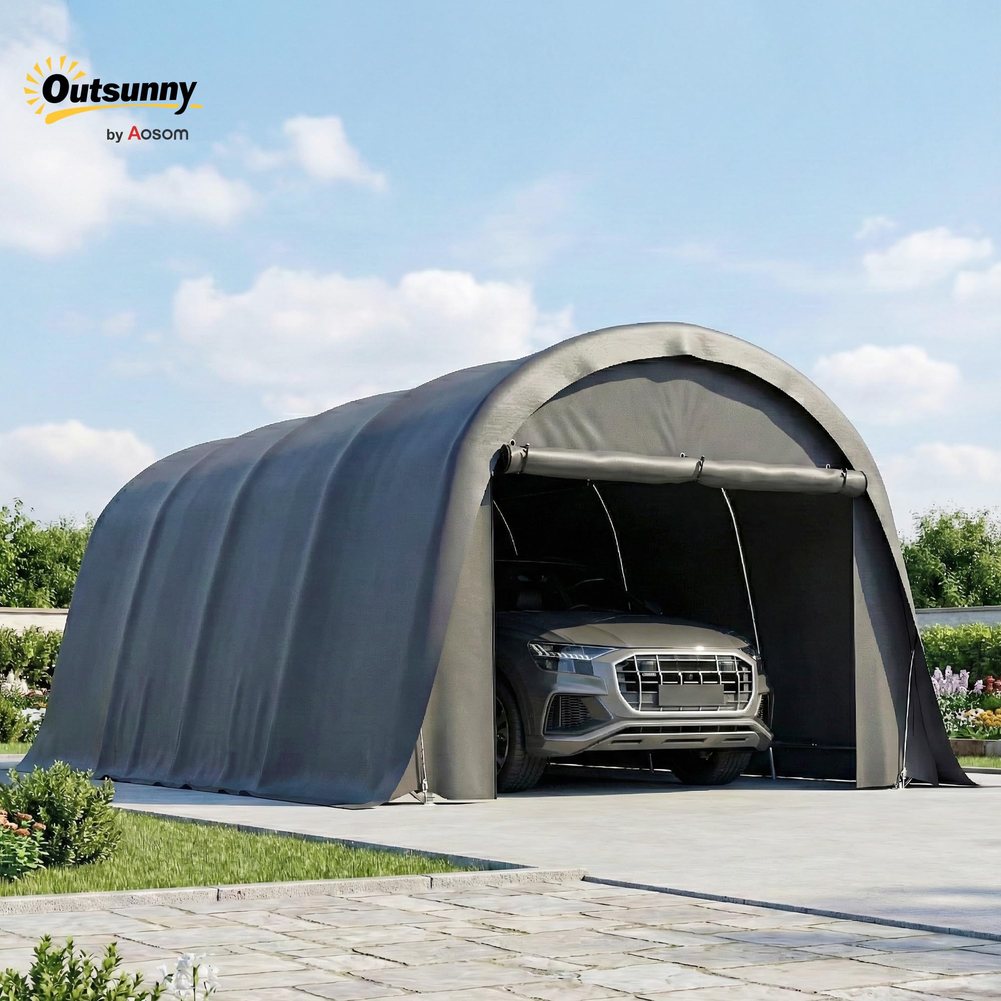 Outsunny Carport, tente, 3 x 6 m, étanche, avec parois latérales amovibles, grand toit arqué, UPF50+, résistante à l'hiver, résistante aux UV, pour voiture, SUV, bateau, gris foncé