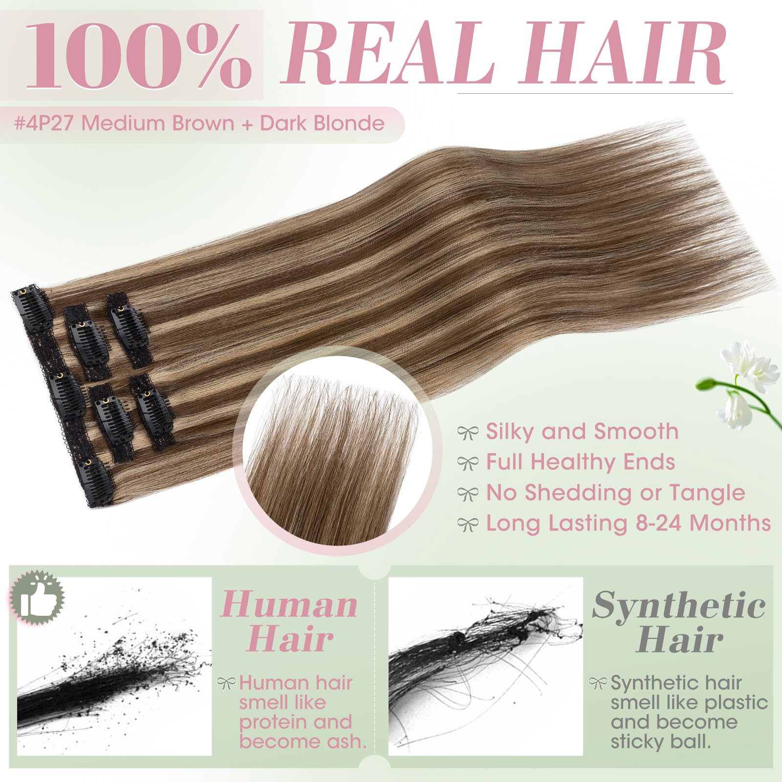 Elailite Extension Capelli Veri Clip Naturali 5 Ciocche Singole con Silk Lace 30cm 38g per Volume/Mèches #4/27 Marrone Cioccolato/Biondo Scuro