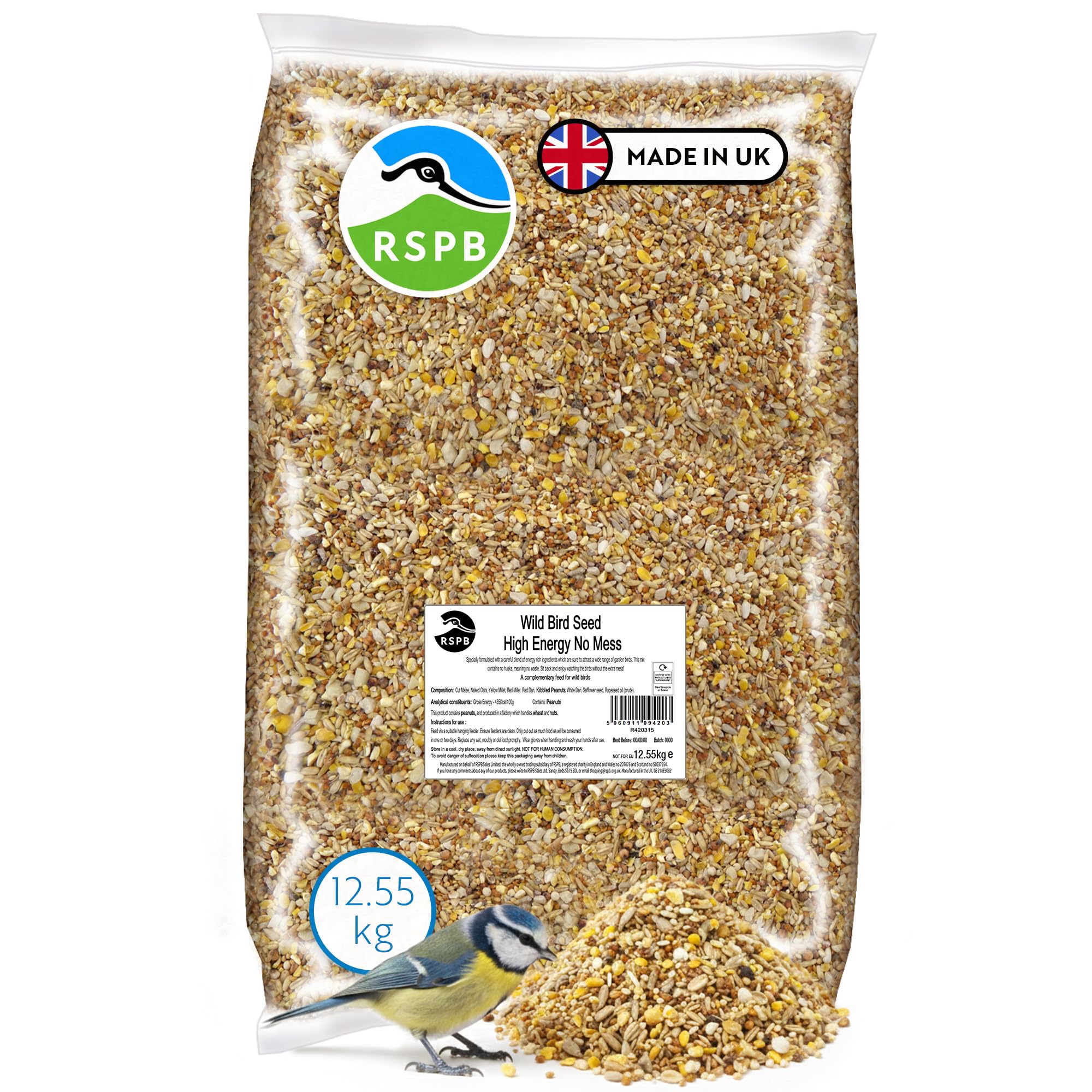 RSPB - Wild Bird Seed Mix, Wild Bird Food with Premium Ingredients, Made in the UK, Healthy and Nutritious (High Energy No Mess) (Wheat Free) (12.55kg)