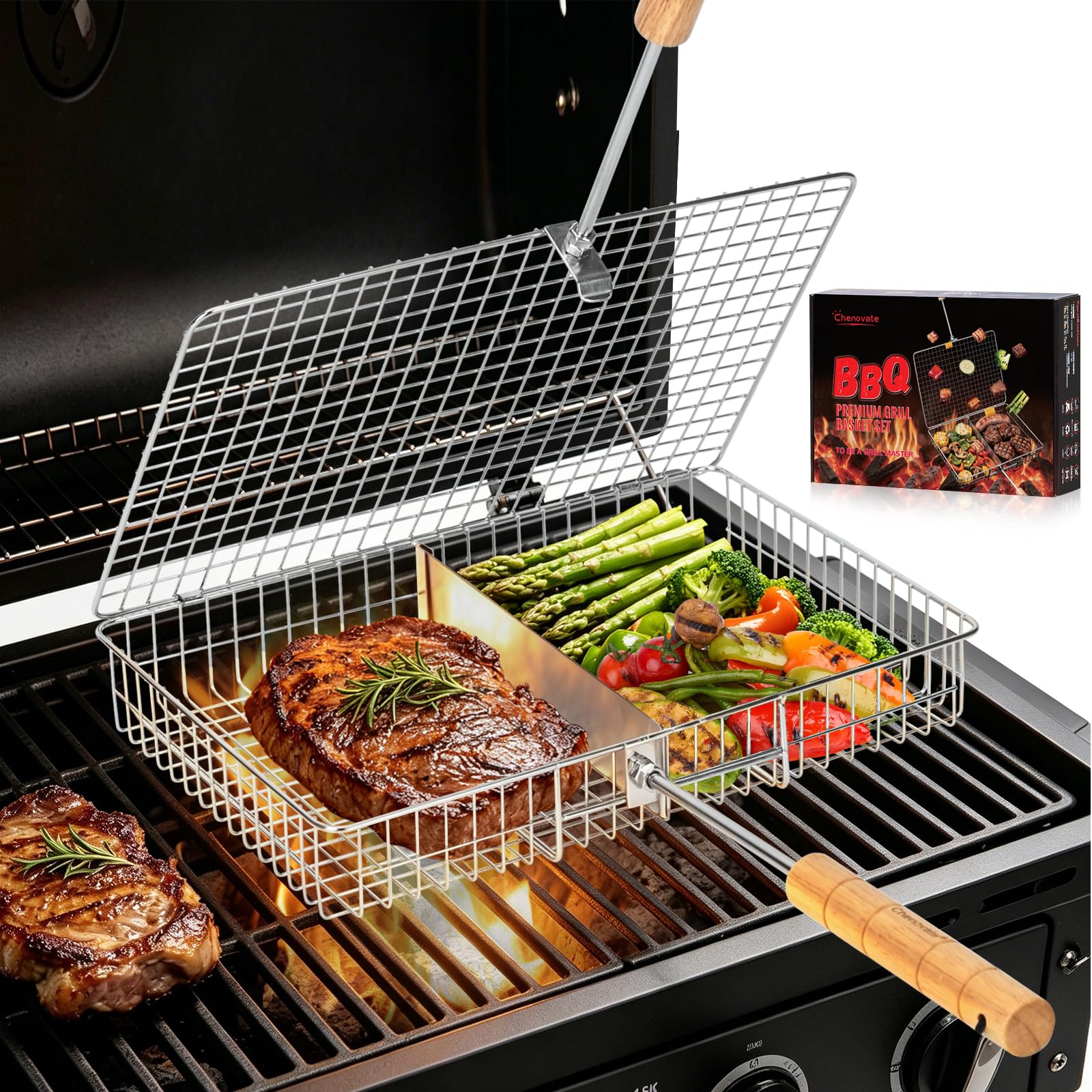 Photo 1 of Chenovate Rectangular Grill Basket with Wooden Handle