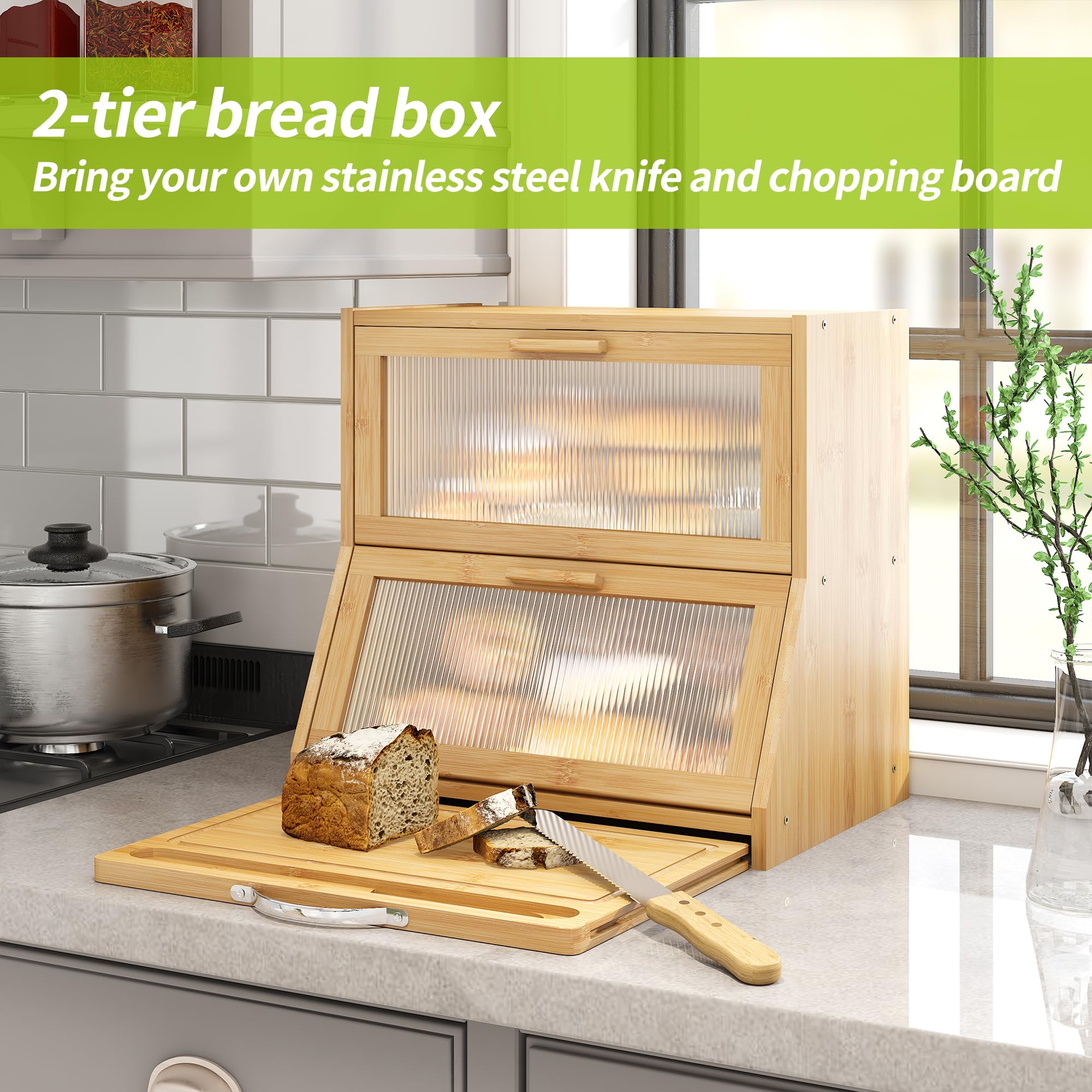 BMOSU Bamboo Bread Box with Cutting Board -2