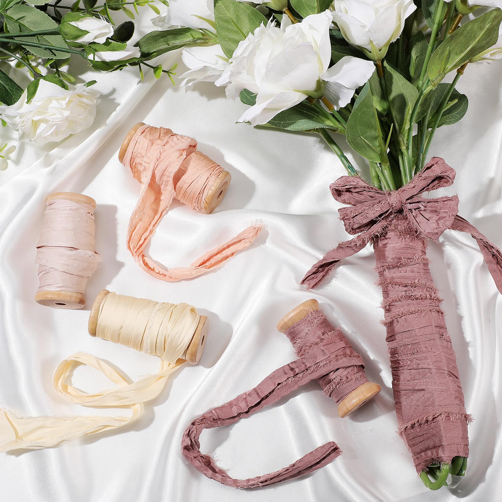 Mindsoft Seidenbänder, handgefertigt, ausgefranst, Chiffonband, 3,8 cm, mit Holzspule, handgefertigt, Shabby-Fransen, Bastelband für Geschenkverpackungen, Babyparty, Hochzeit, Brautsträuße