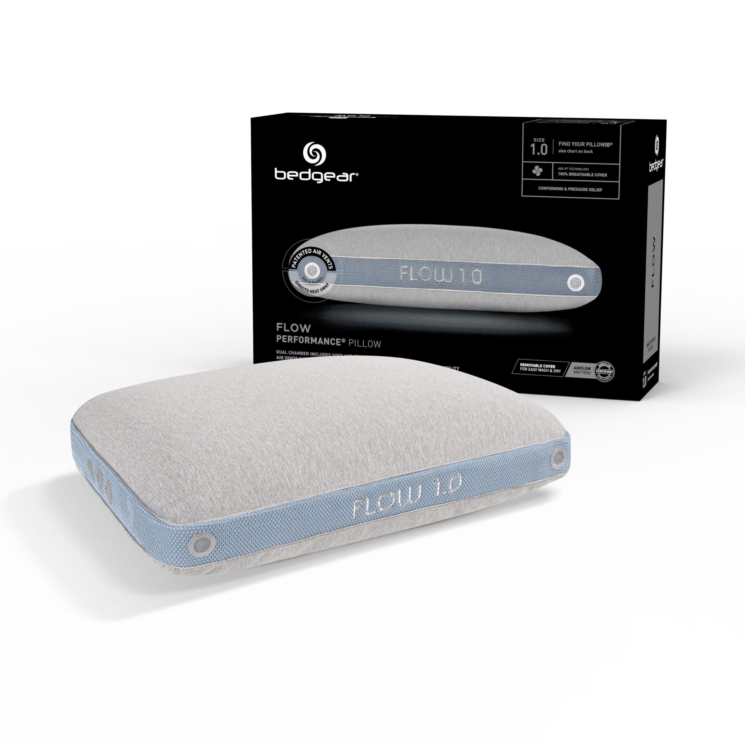 Bedgear Flow Performance Pillow - Size 1.0 - Hybrid Design Firmness Bed Pillows for All Sleep Positions - Maximum Breathability - Washable Cover - 20" W x 26" L x 5.25" H