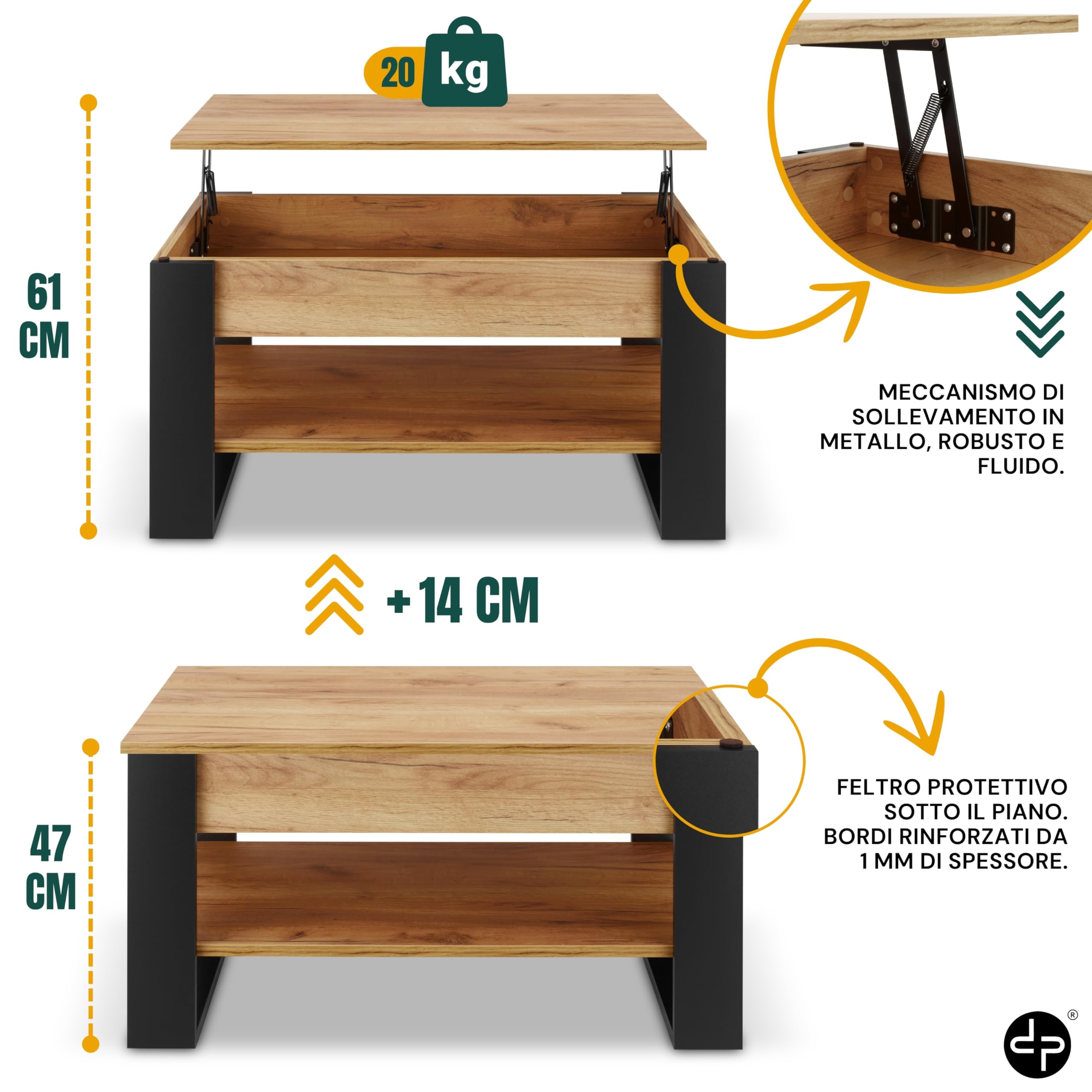 defiPad Tavolino Salotto Sollevabile con Contenitore - Tavolo da Caffè Regolabile in Altezza 45-61 cm - Prodotto nell'UE - Design Moderno Stile Industriale - Coffee Table
