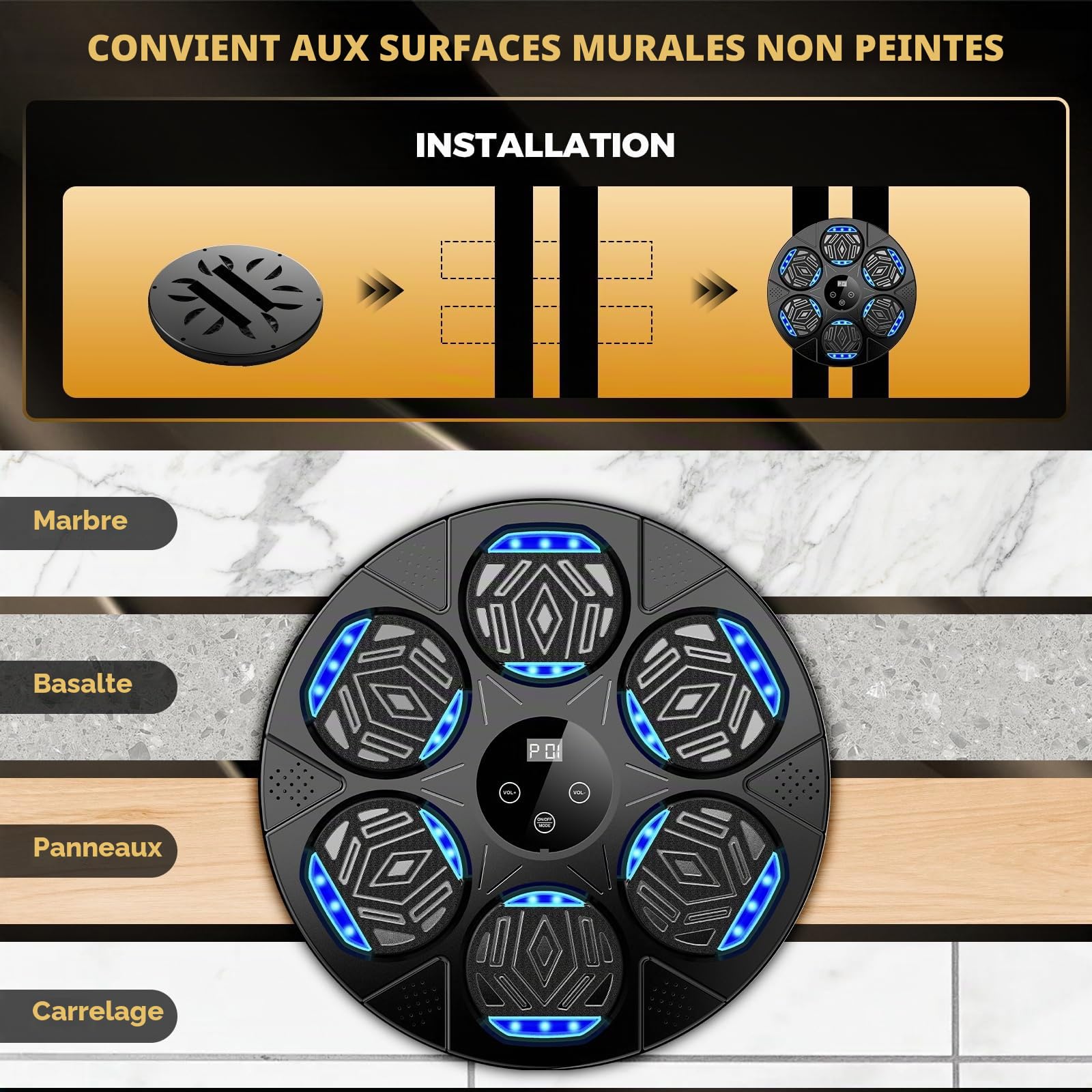 Machine de boxe musicale 2026 pour adultes et enfants, équipement d'entraînement de boxe Bluetooth intelligent avec gants à montage mural, machine de frappe d'entraînement pour la maison, le bureau et