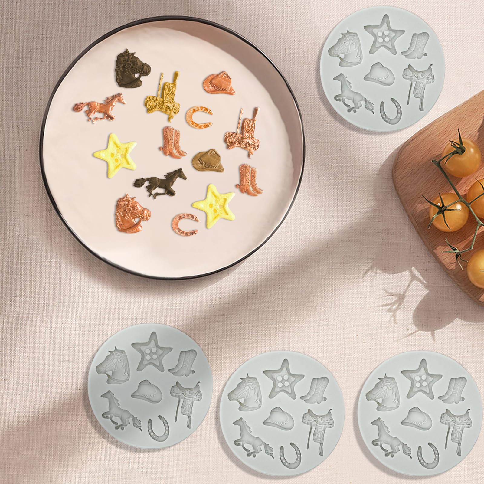 4 moldes de silicona para fondant con temática de vaquero occidental, moldes de chocolate para caramelos, galletas, galletas, moldes para hornear, decoración de magdalenas, pasta de goma, arcilla,