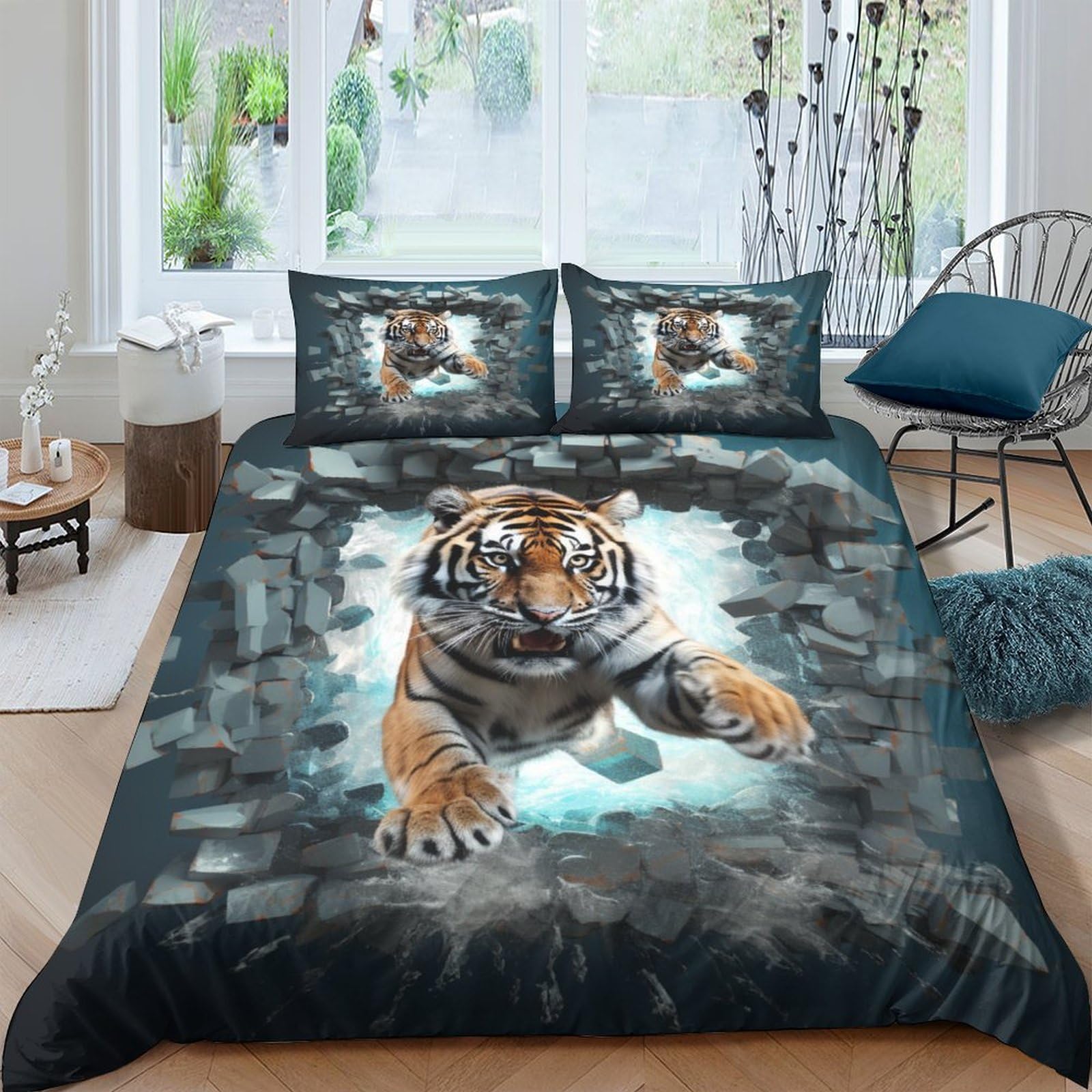 Housse de couette tigre 3D King 220x240 cm avec 2 taies d'oreiller en microfibre