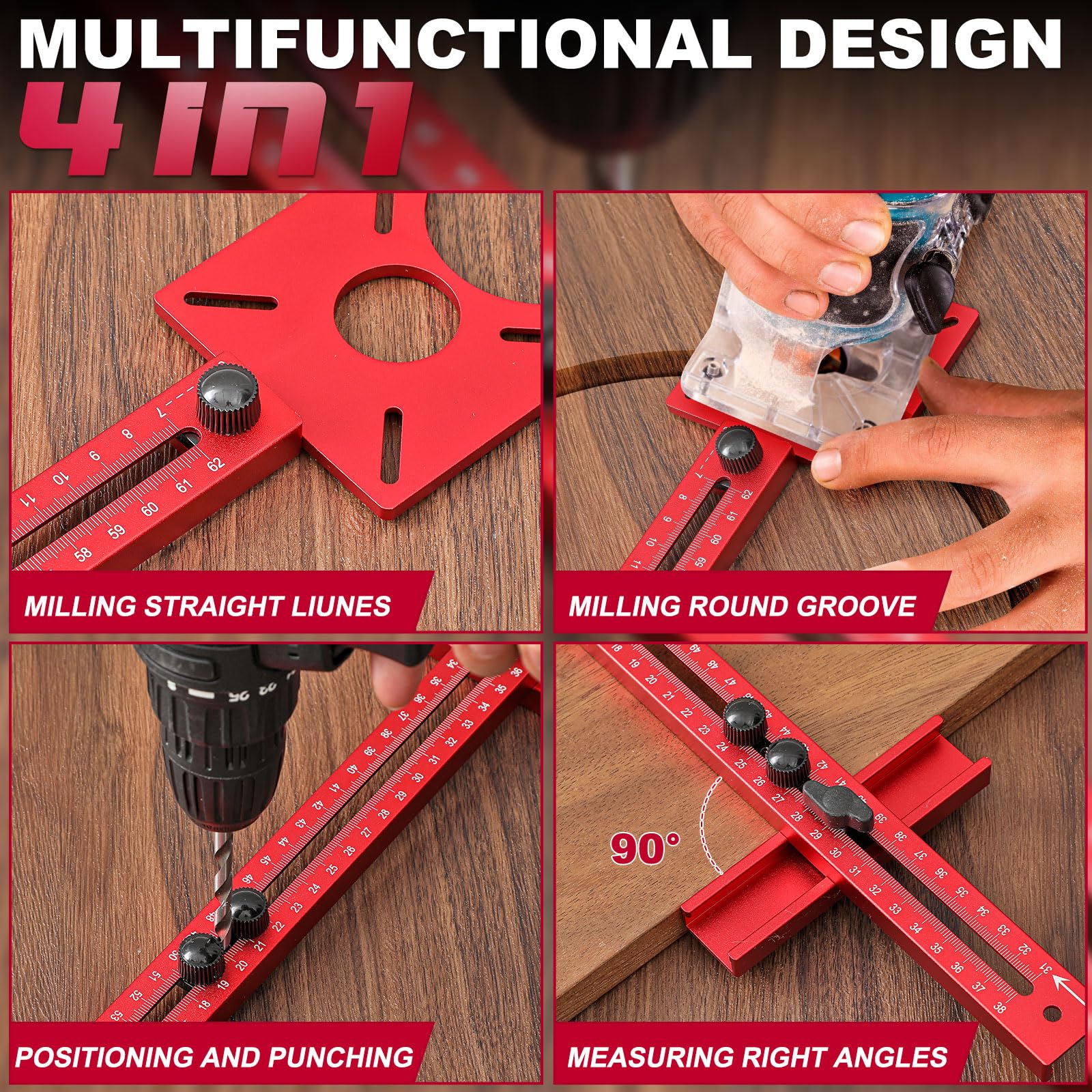 MorningRo Support de rainure de fraisage 4 en 1 en alliage d'aluminium pour défonceuse - Gabarit de coupe réglable - Guide de coupe - Matériel d'armoire - Gabarit multifonctionnel pour le travail du