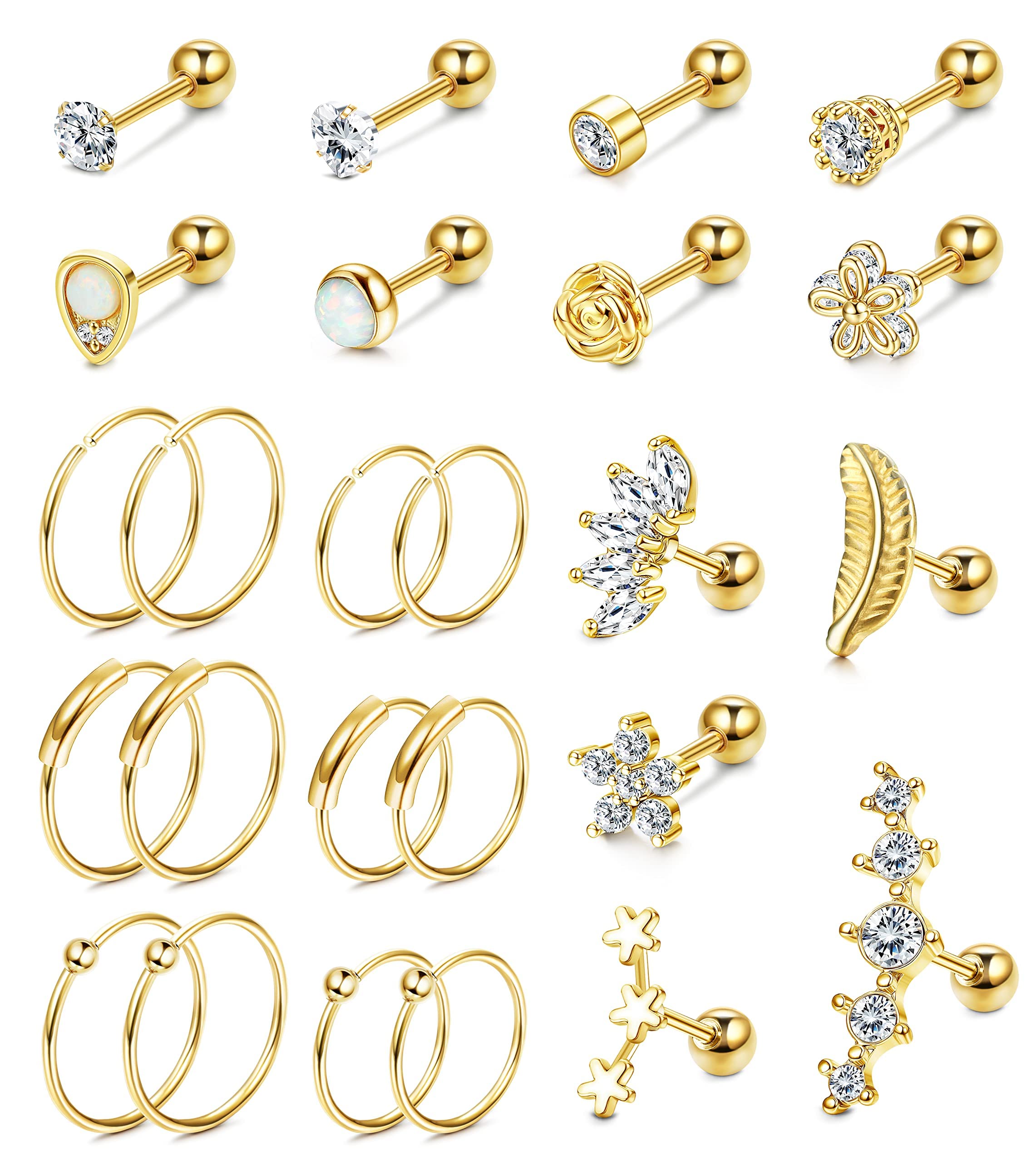 YADOCA 25 Piezas 16G Pendientes de Cartílago de Oreja de Acero Inoxidable para Mujeres Niñas Plata Oro Pendientes Labret Tragus Conch Cartílago Helix Piercing Joyería