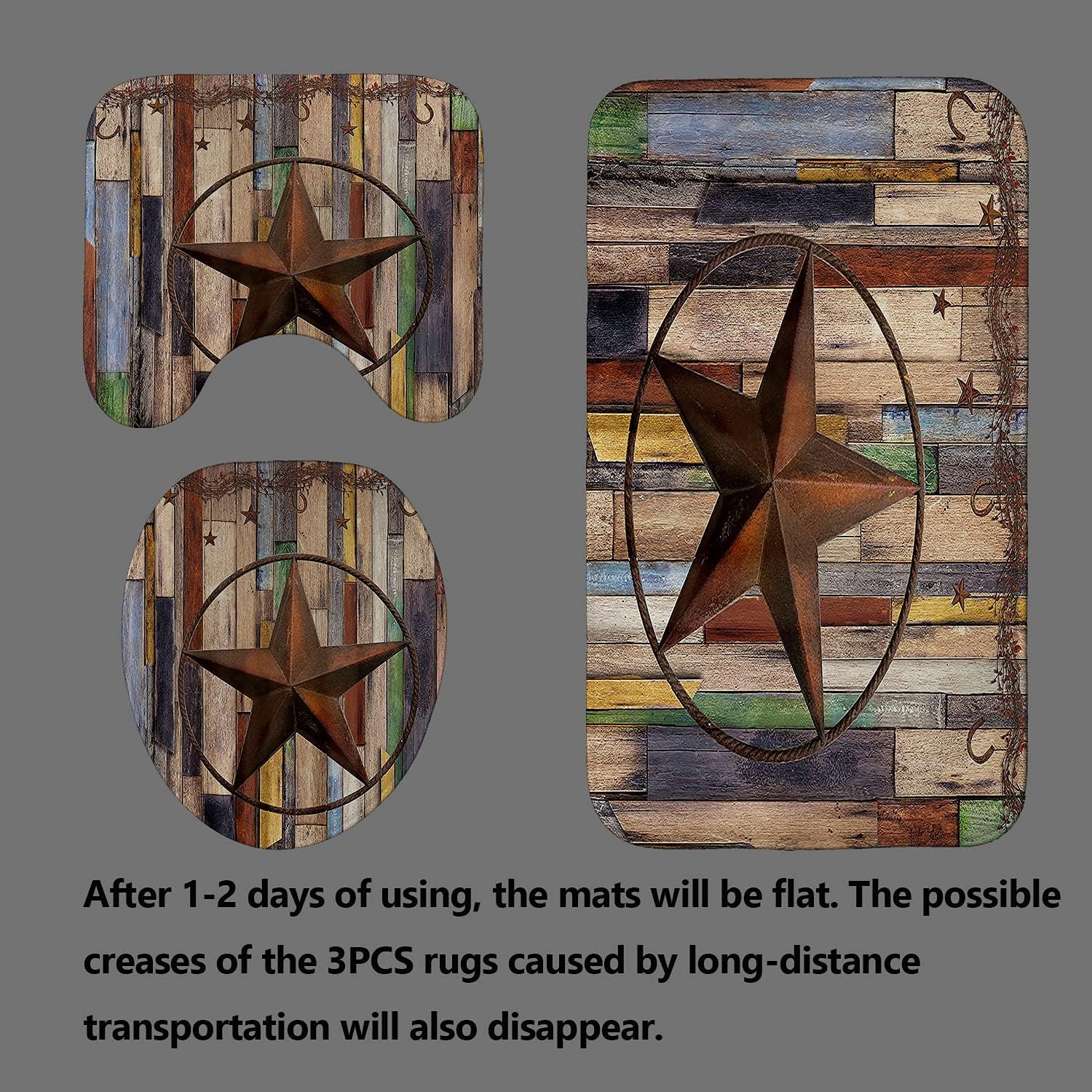 4PCS/Set Brown Texas Star Western Shower Curtain, Primitive Berry Vine Cowboy Horseshoe Vintage Rustic Wooden Board Country Farmhouse Bathroom Decor for Men, Non-slip Bath Rugs, Colorful Plank