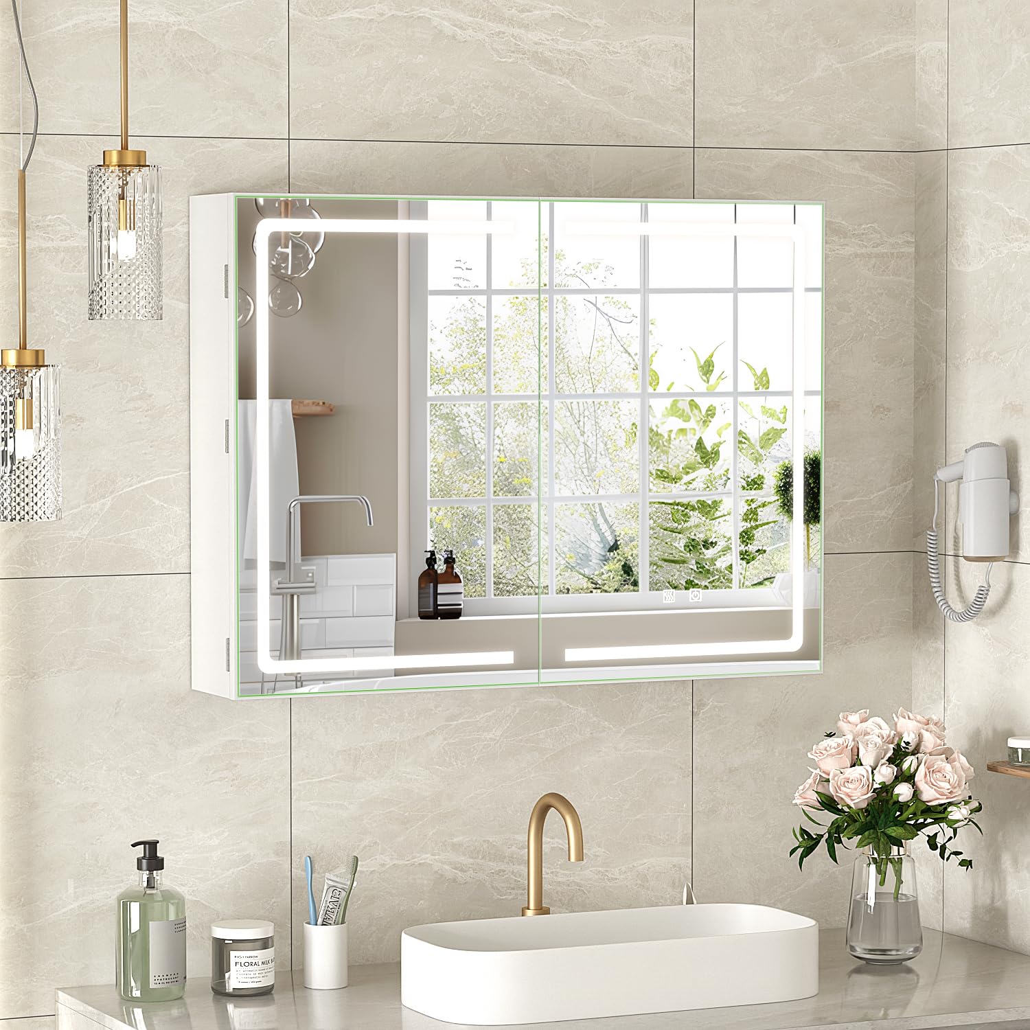 VOWNER Armario de Baño, Armario Baño con Espejo, Espejo de baño LED, Muebles de Baño, Antivaho, Dimmable, Espejo de Luz con Enchufe, Regulación de Intesidad, Estanteria Ajustables, (80 x 60 x 12.7cm)