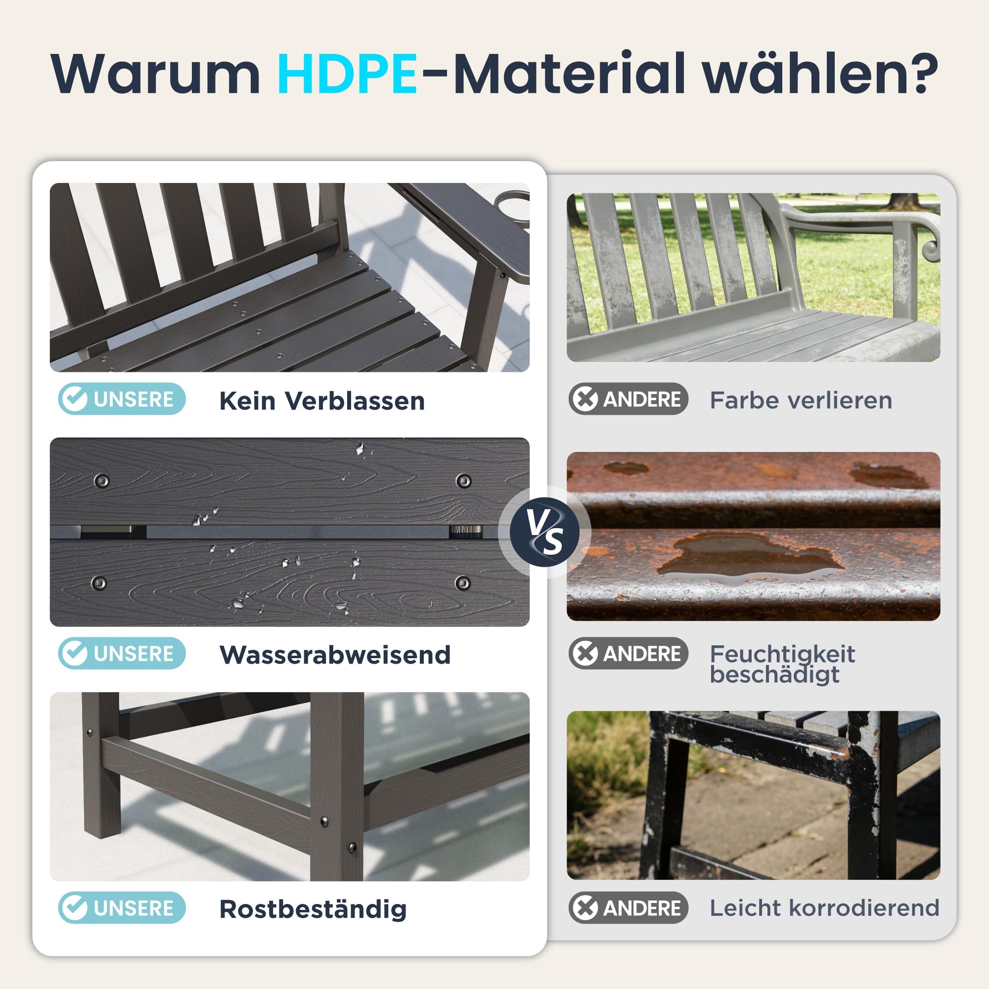 PHI VILLA Gartenbank Wetterfest aus HDPE Bank Outdoor mit 318 kg Tragfähigkeit für 2-3 Sitzer Sitzbank für Terrasse, Park, Garten und Veranda Schwarz