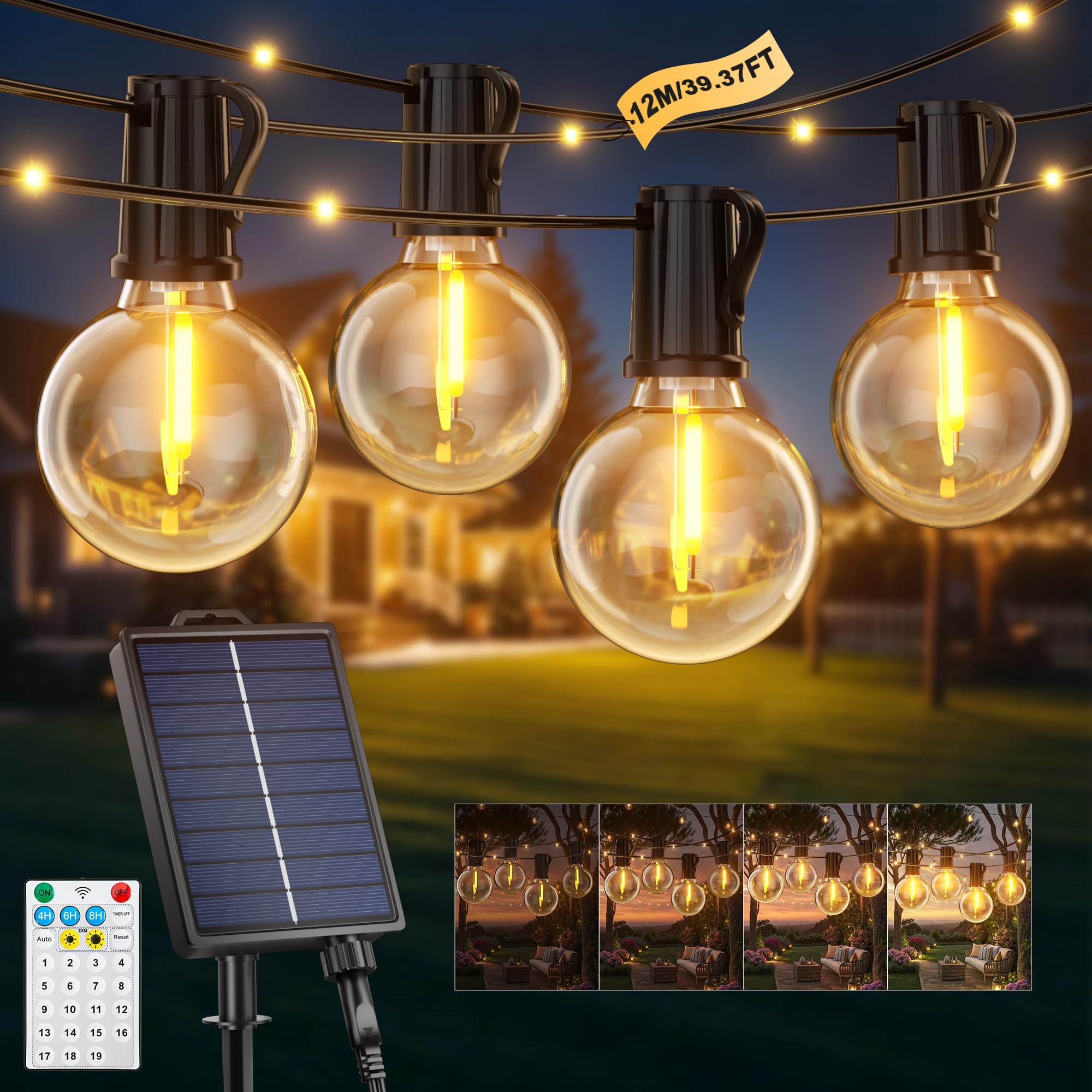 Solar Lichterkette Aussen, 12M Garten 26 LEDs Lichterketten Außen Wetterfest, Outdoor Solarlichterkette 19 Modi, 14+1 G40 Glühbirne, 1800 mAH Solar Outdoor Lichterketten für Balkon Garten Camping