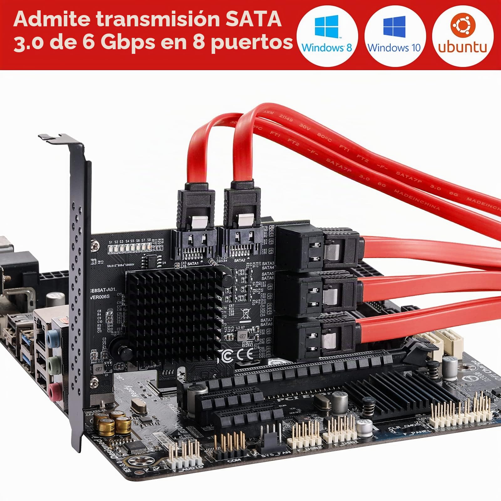 Tarjeta PCIe SATA de 8 Puertos, Tarjeta de Expansión con Controlador SATA 3.0 6Gbps - Booteable como Disco Duro del Sistema | Card Expansión de Disco Duro PCI Express 1x