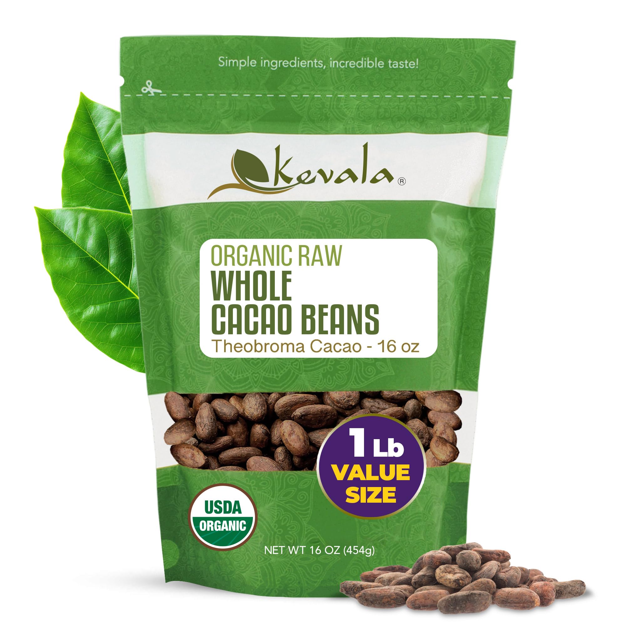 Kevala Organic Cacao Beans - Sun Dried Natural Beans for Brewing, Sugar Free Base for Homemade Chocolate, Nutritious Addition to Breakfasts and Drinks, Vegan Option with No Additives, 1 lb, 16 oz