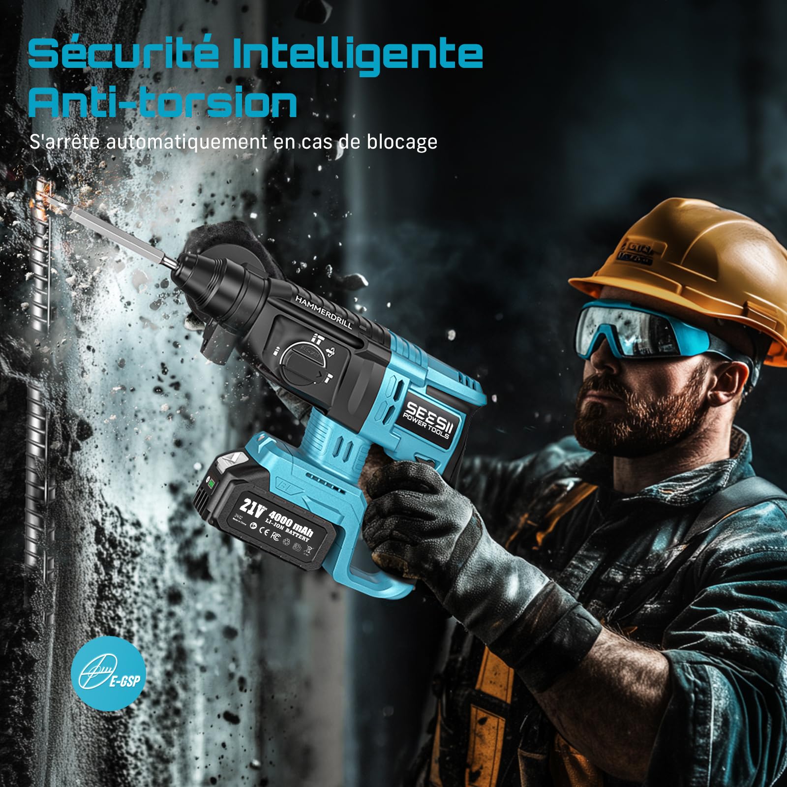 SEESII Marteau Perforateur Sans Fil: 600W, 2,5J D'Énergie D'Impact, Brushless, 3 Fonctions, SDS-PLUS, 2x 4,0Ah Batteries, Chargeur, Forets, Burins, Idéal Pour Le Bricolage Et Les Rénovations