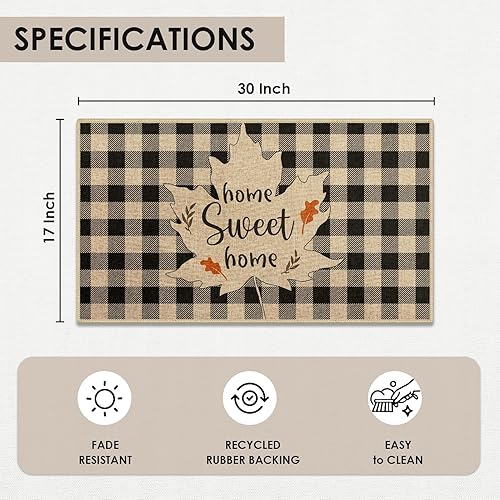 Miniatura 3 de Arttown Tapete para puerta de otoño con hojas de arce, tapete de bienvenida con texto en inglés Autumn Blessed, tapete de rejilla de búfalo, tapete