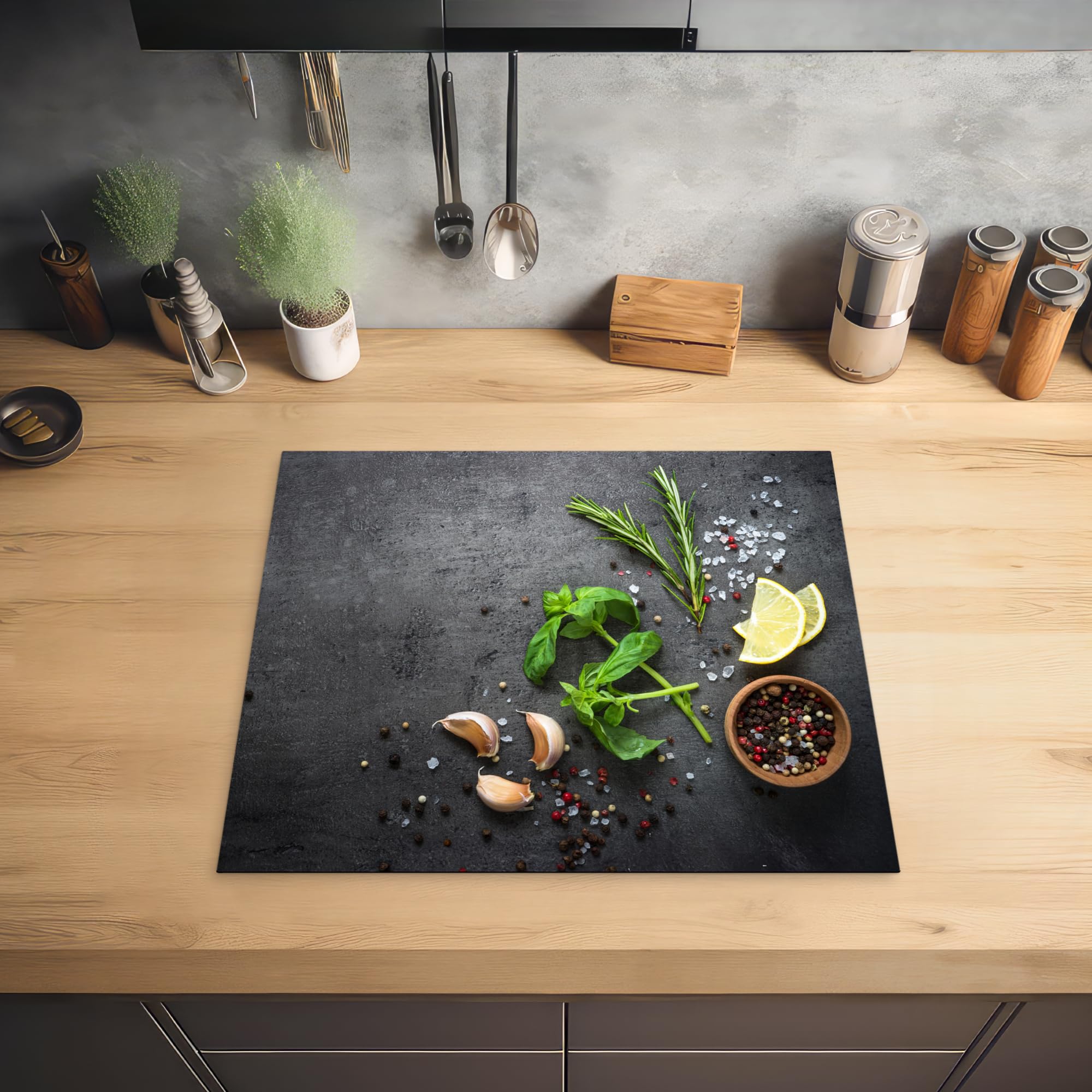 KitchenYeah© Cubre Vitrocerámica - Protector Vitroceramica Induccion 59x52 cm - Tapa Vitroceramica - Protector de Vitroceramica Lima - Hierbas - Especias - Verde - Gris - Hormigón — view 2