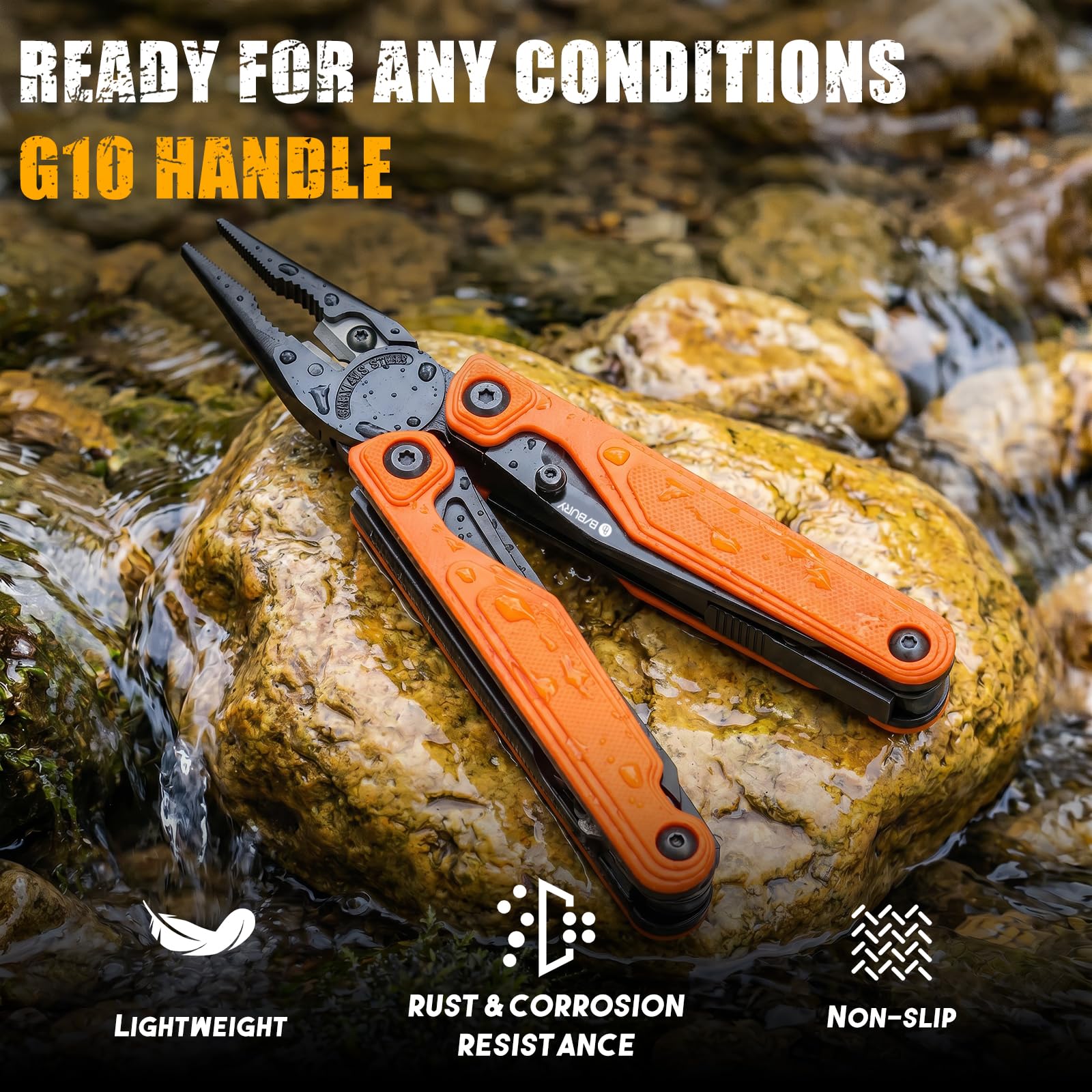 BIBURY Multiherramienta con Mango G10, Alicates Multiusos, Navaja Multiusos con Apertura con Una Mano, Tijeras y Puntas, EDC Multitool para Camping, Senderismo, Reparar y Regalo Hombre (Naranja)