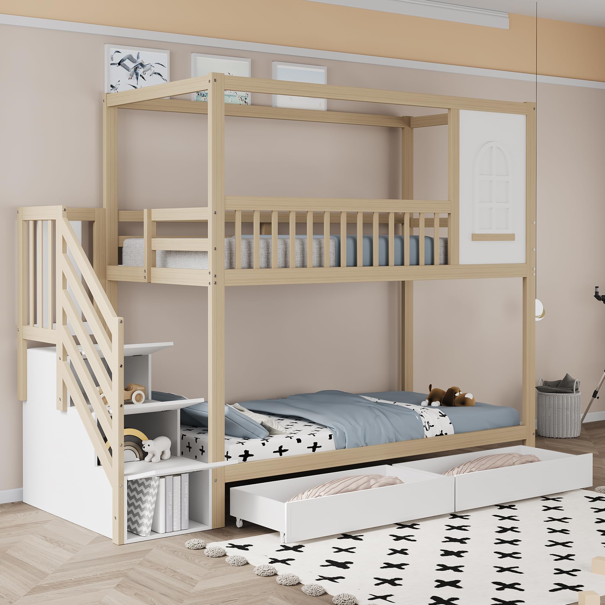 Letto a castello 90 x 200 cm, letto matrimoniale in legno massello, a forma di casa con finestre, design di recinzione di sicurezza, con cassetti e scala di sicurezza, per adolescenti (legno