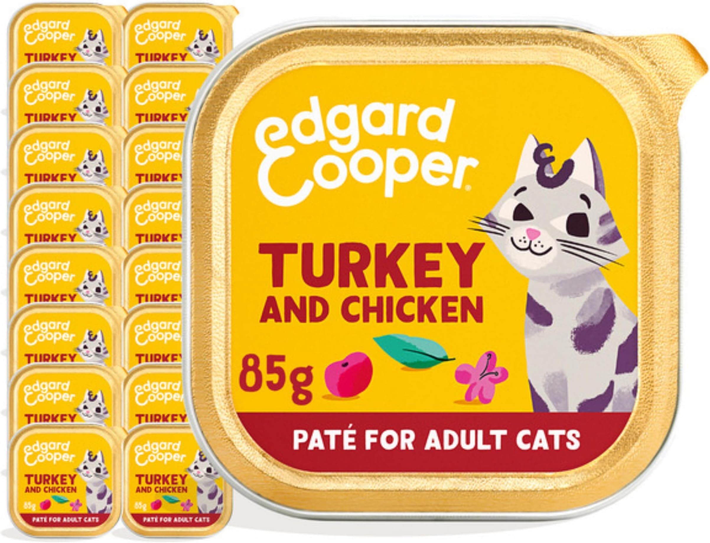 Grain Free Wet Cat Food Pate for Adult Cats (Turkey&Chicken 16 x 85g), Natural Cat Food in Cup for Sterilized or Active Cats, No Added Sugar