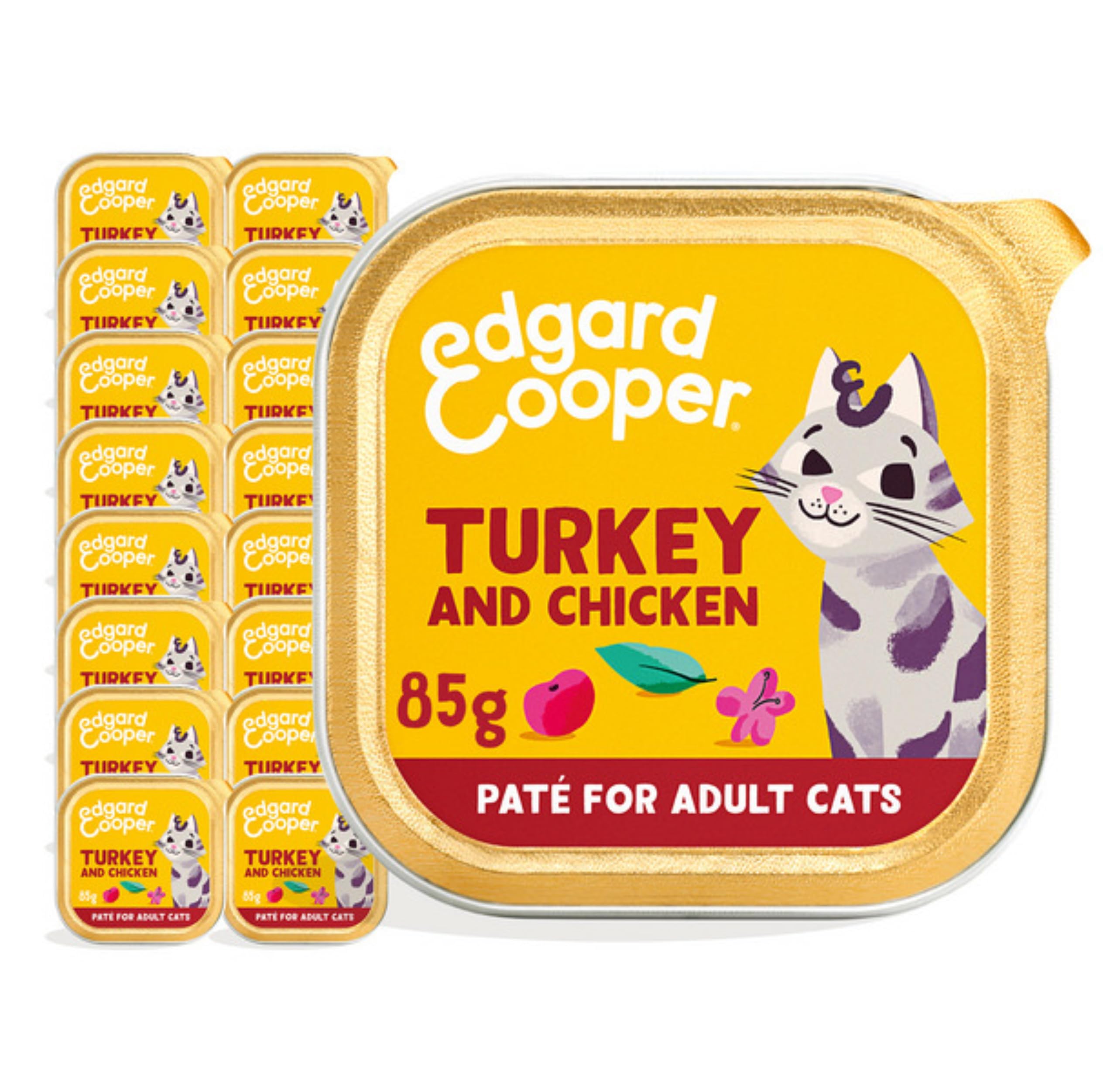 Edgard CooperGrain Free Wet Cat Food Pate for Adult Cats (Turkey&Chicken 16 x 85g), Natural Cat Food in Cup for Sterilized or Active Cats, No Added Sugar