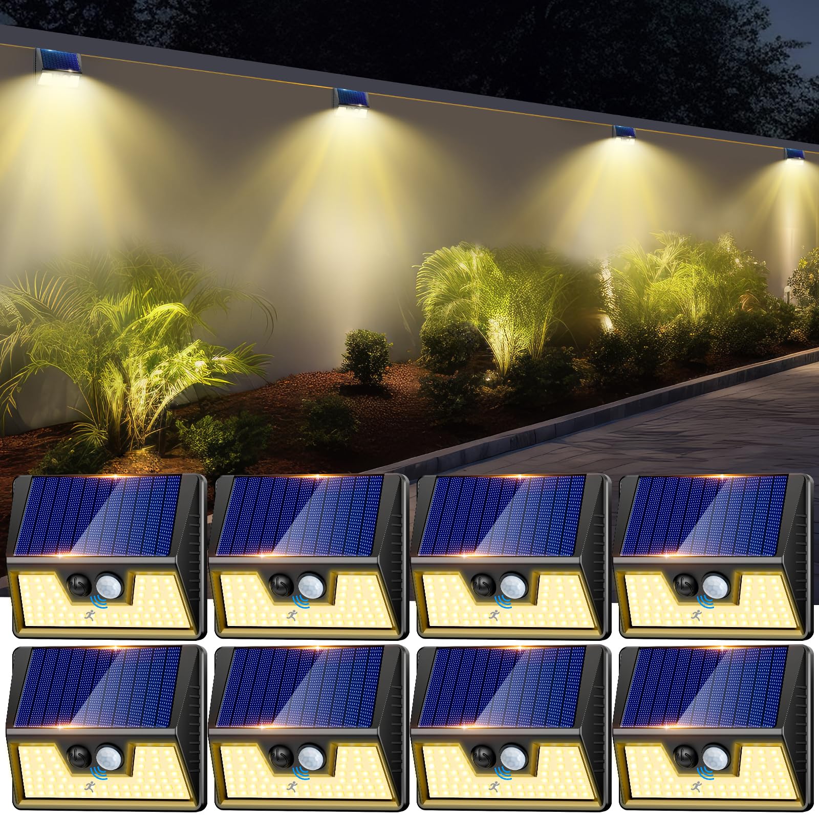 nipify Faretto Led da Esterno Solare，8 Pezzi Luce Solari Esterno con Sensore di Movimento, 3 Modalità Impermeabile Faretti Solare per Giardino, Cortile, Patio, Garage, Parete (Bianco Caldo)