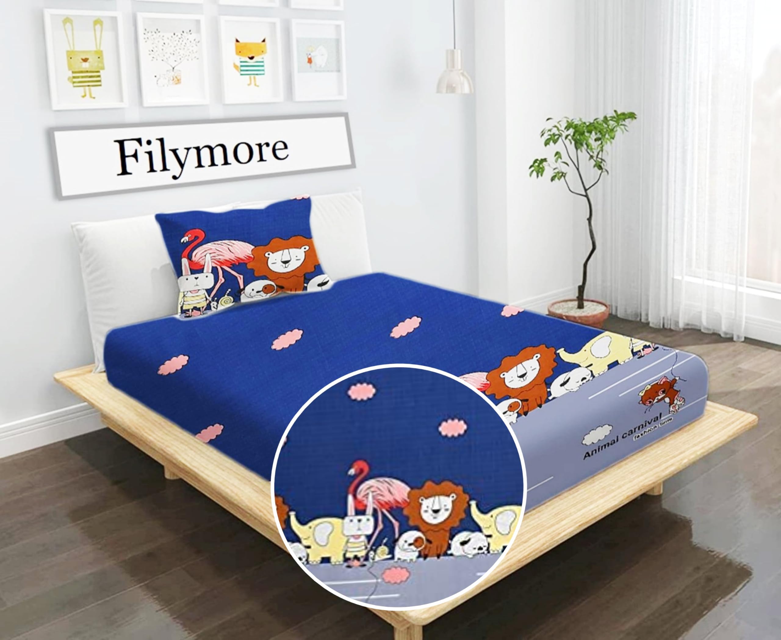 Animal Carnival Single Bedsheet for Kids Animal Cartoon Bedsheet for Kids Room Made with Microfiber(Size 60 X 90 Inches) 1 Bedsheet with 1 Pillow Cover (Color-Blue and Grey)