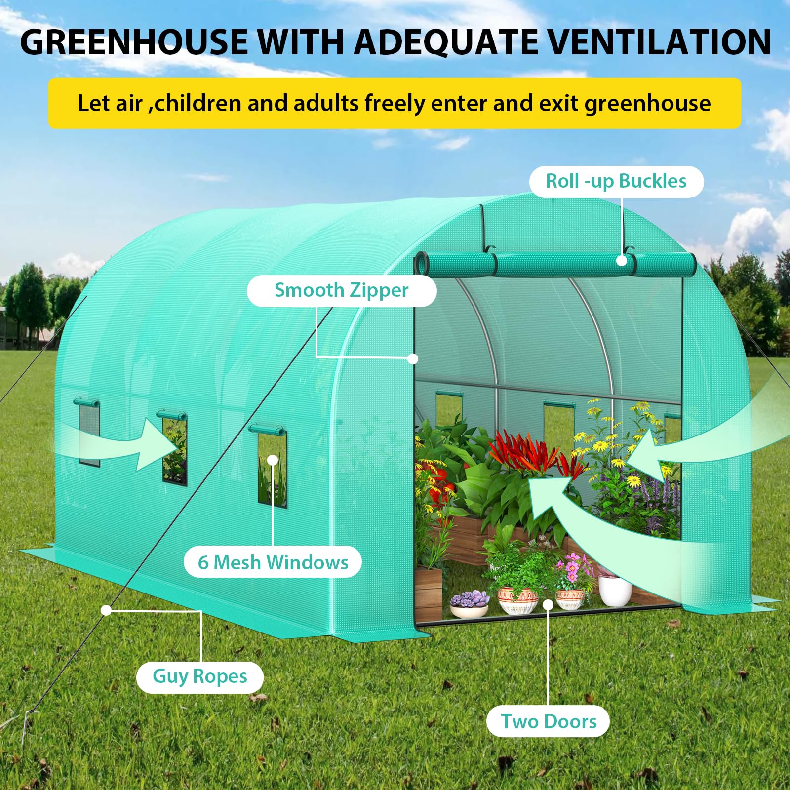 Garvee Serra da Giardino a Tunnel 2,44x3,96x2,13m, Serra per Orto con 2 Porte con Cerniera e 6 Finestre, Telo in PE Rinforzato 140g/m² e Struttura in Acciaio Zincato, Verde