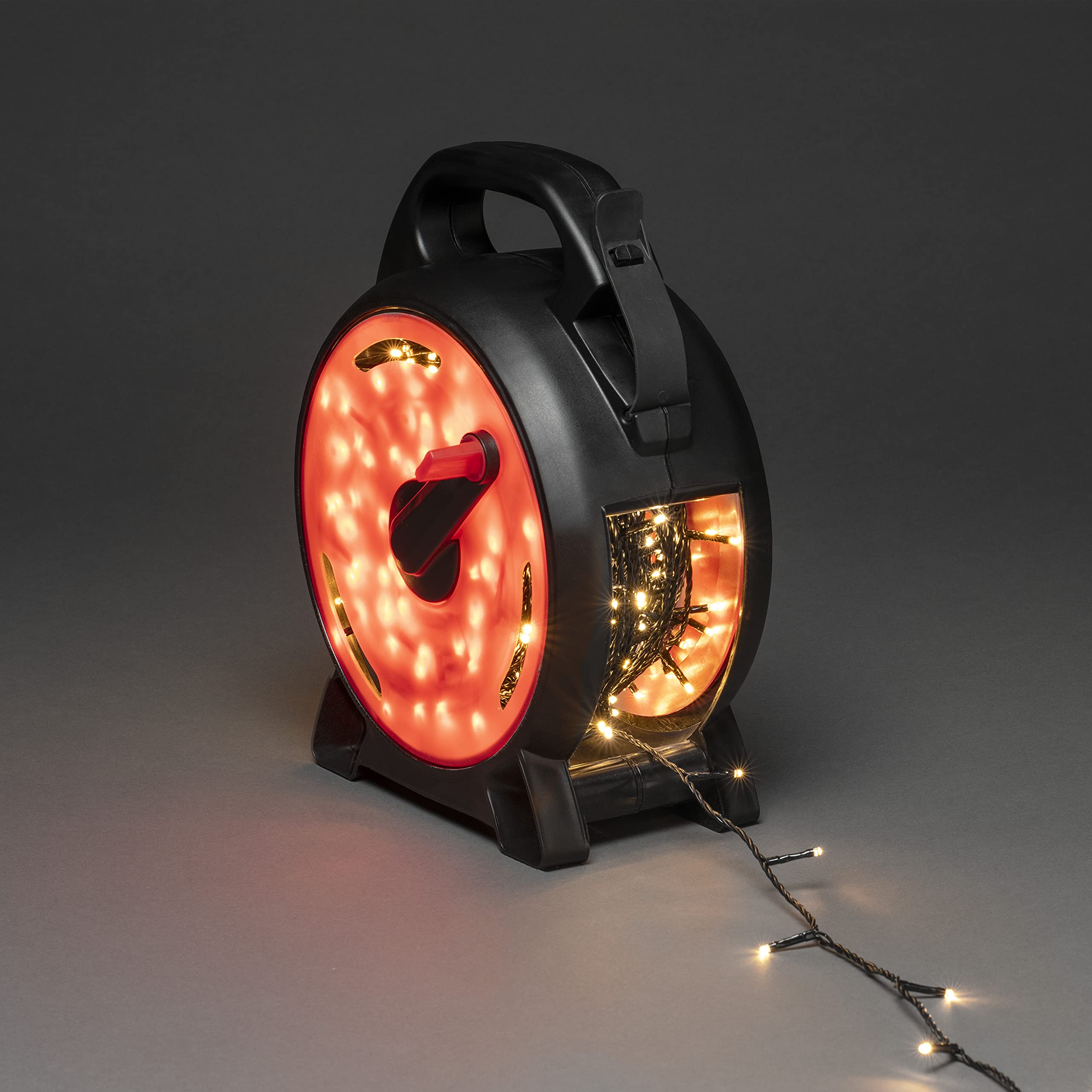 Konstsmide Łańcuch świetlny z mikro diodami LED ze zwijaczem kabla, czarno-czerwony, 200 diod w kolorze ciepłej bieli, transformator zewnętrzny 30 V, 3,6 W, czarny miękki kabel