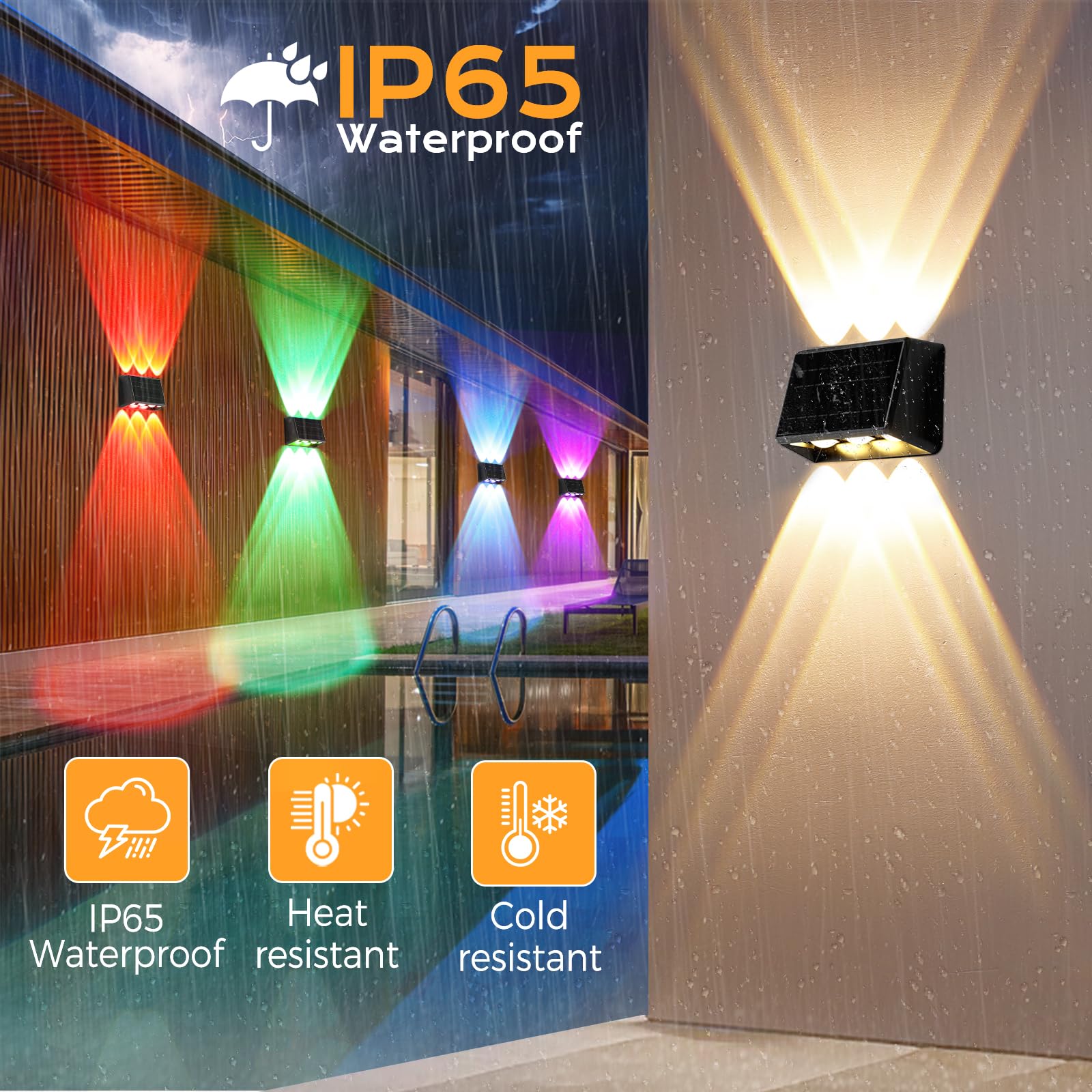 Quntis Solar Wandleuchte Außen 8 Pack 6 LED Solarleuchten Up & Down | 13 Farbmodi IP65 Wasserdicht Solarlampen Garten Warmweiß/Kaltweiß/RGB Zaunbeleuchtung für Terrasse Balkon Zaun Mauer