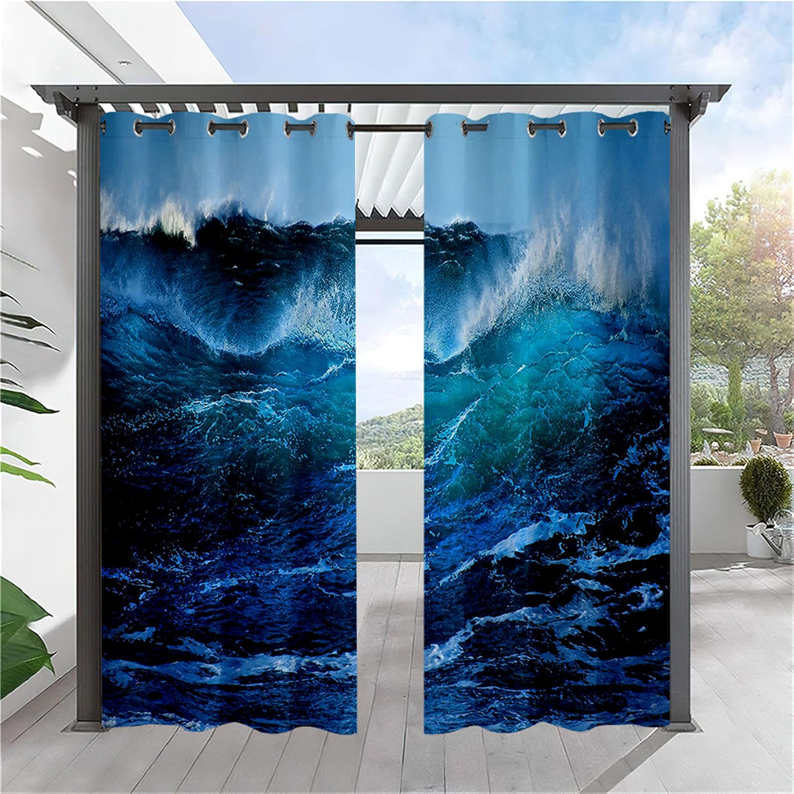Produktbild von Hiseng Outdoor-Vorhänge 2er-Set – 106x160 Cm, 3D Sonnenuntergang/Marine-Muster, Wasserdicht, Mit Ösen Oben & Unten, Verdunkelnd