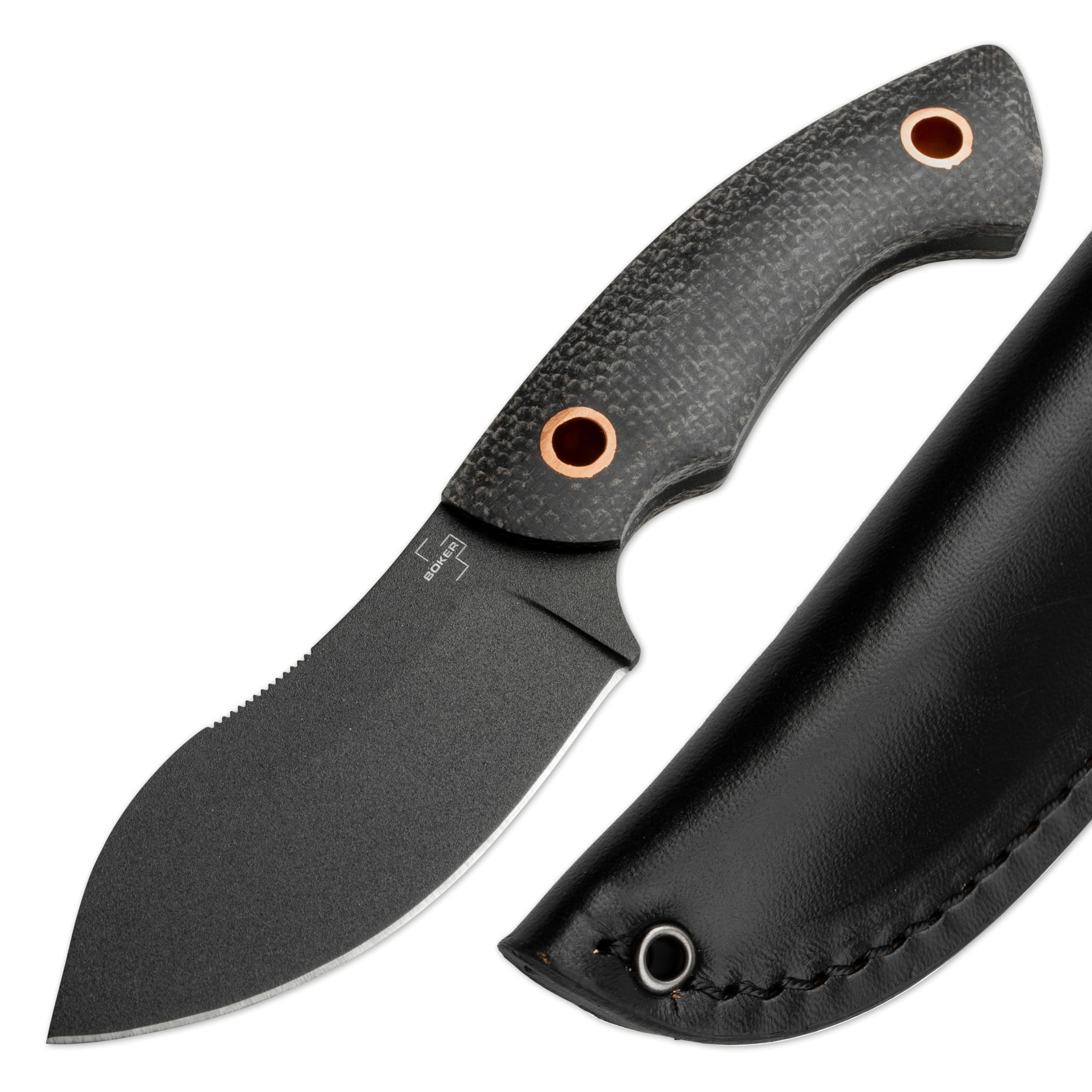 BÖKER PLUS® Nessmi Pro Black - feststehendes Bushcraft-Messer mit schwarzer D2 Klinge für Outdoor & Jagd - Full Tang Survival- Messer mit Micarta Griff & Leder-Scheide
