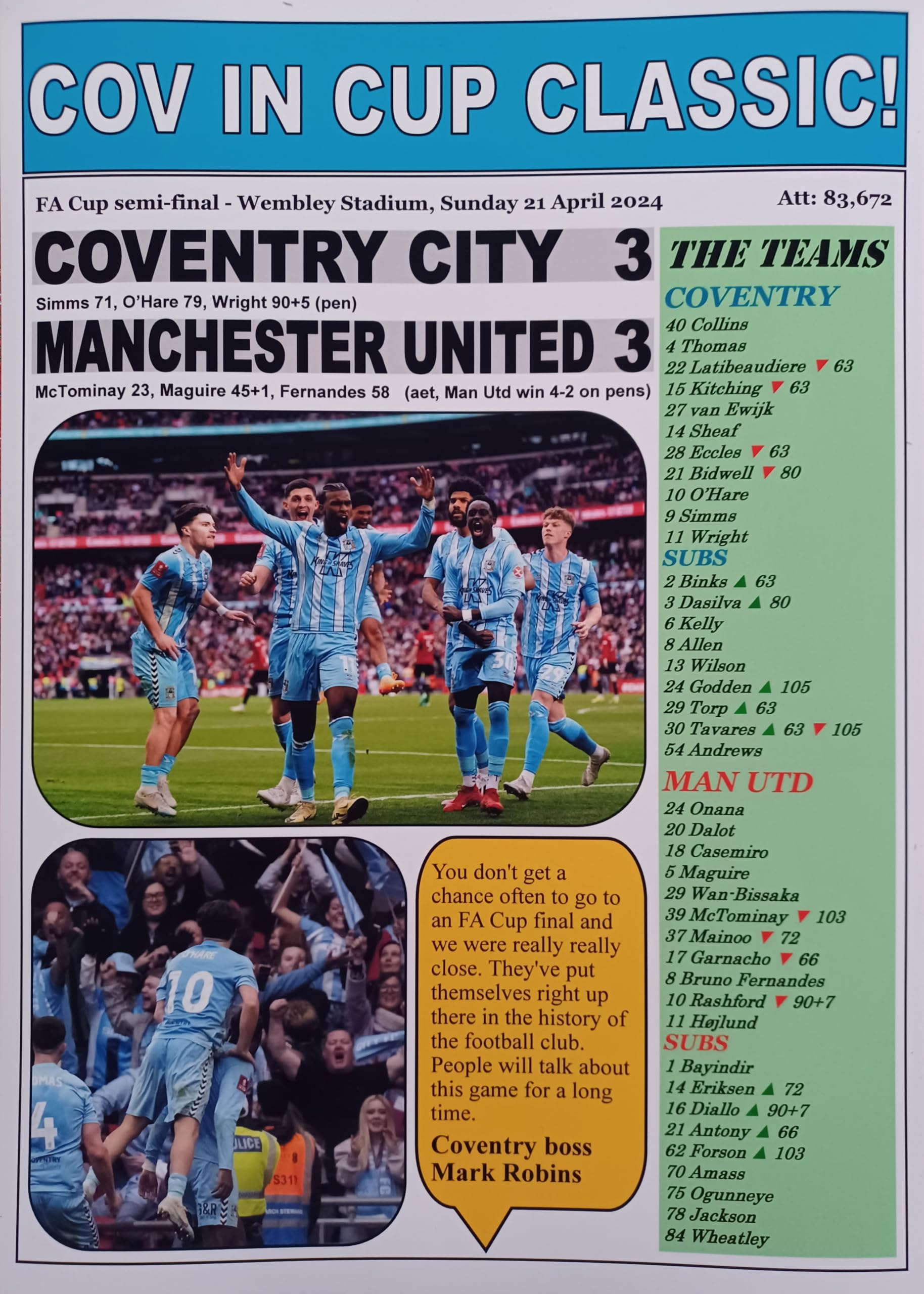 Assorted Multicoloured Coventry City 3 Manchester United 3-2024 Fa Cup Semi-Final - Souvenir Print