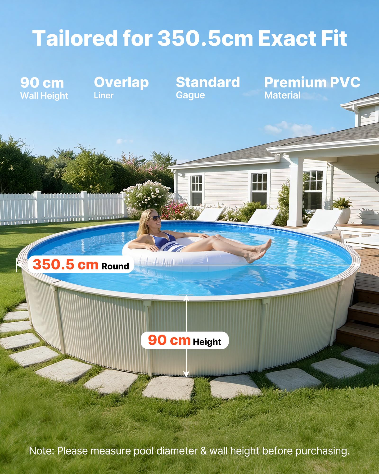 VEVOR Poolinnenfolie 3,5 m, Poolfolie für 90 cm Wandhöhe, Ersatzfolie aus PVC, Innenhülle 0,6 mm Stärke, Schwimmbadfolie Überlappend, Austauschfolie, Geeignet für Oberirdische Pools, Blau