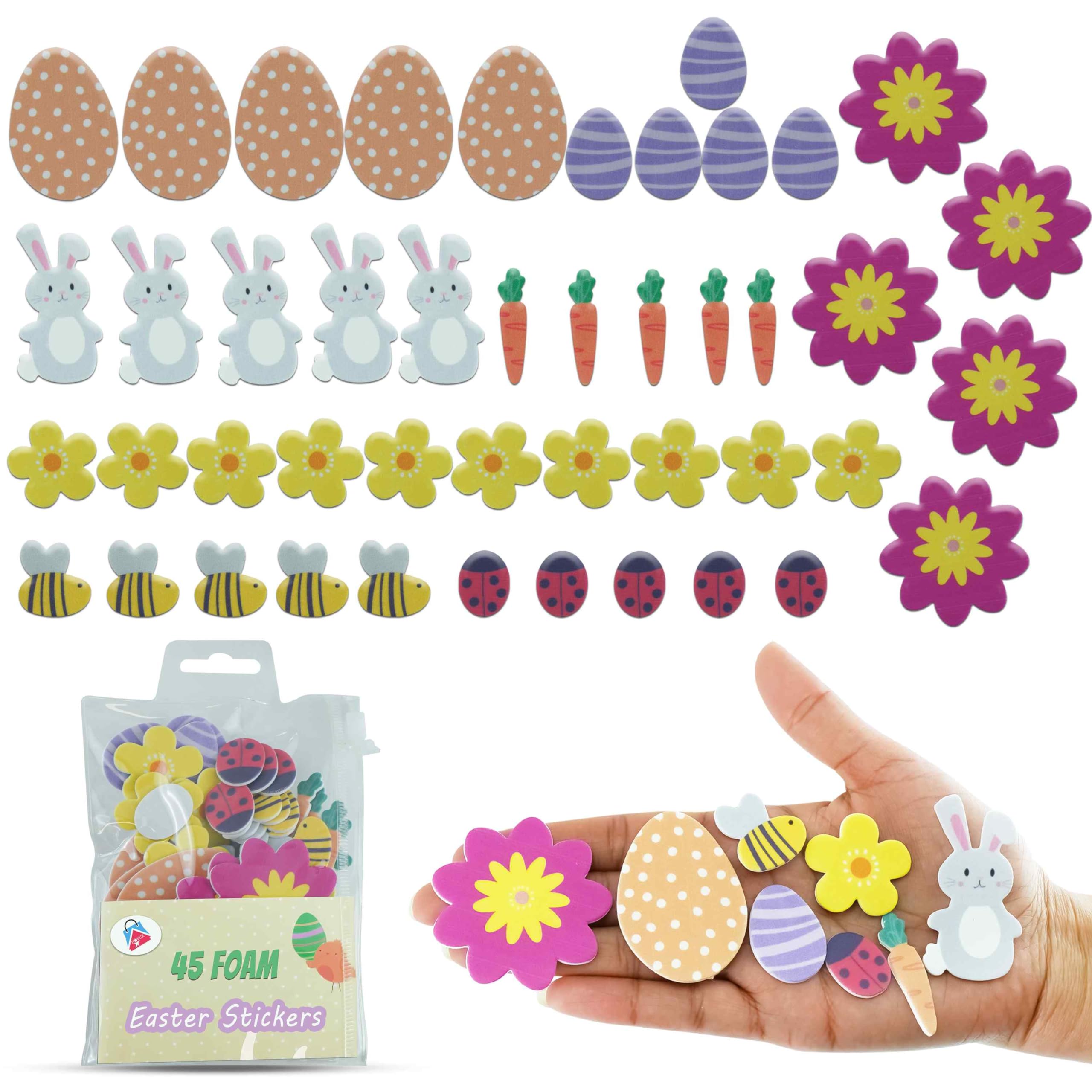 SRV Hub 45Pcs Easter EVA Foam Stickers, Self-Adhesive Rabbit, Eggs and Flowers Stickers- Perfect for DIY Crafts and Scrapbooking Decorations