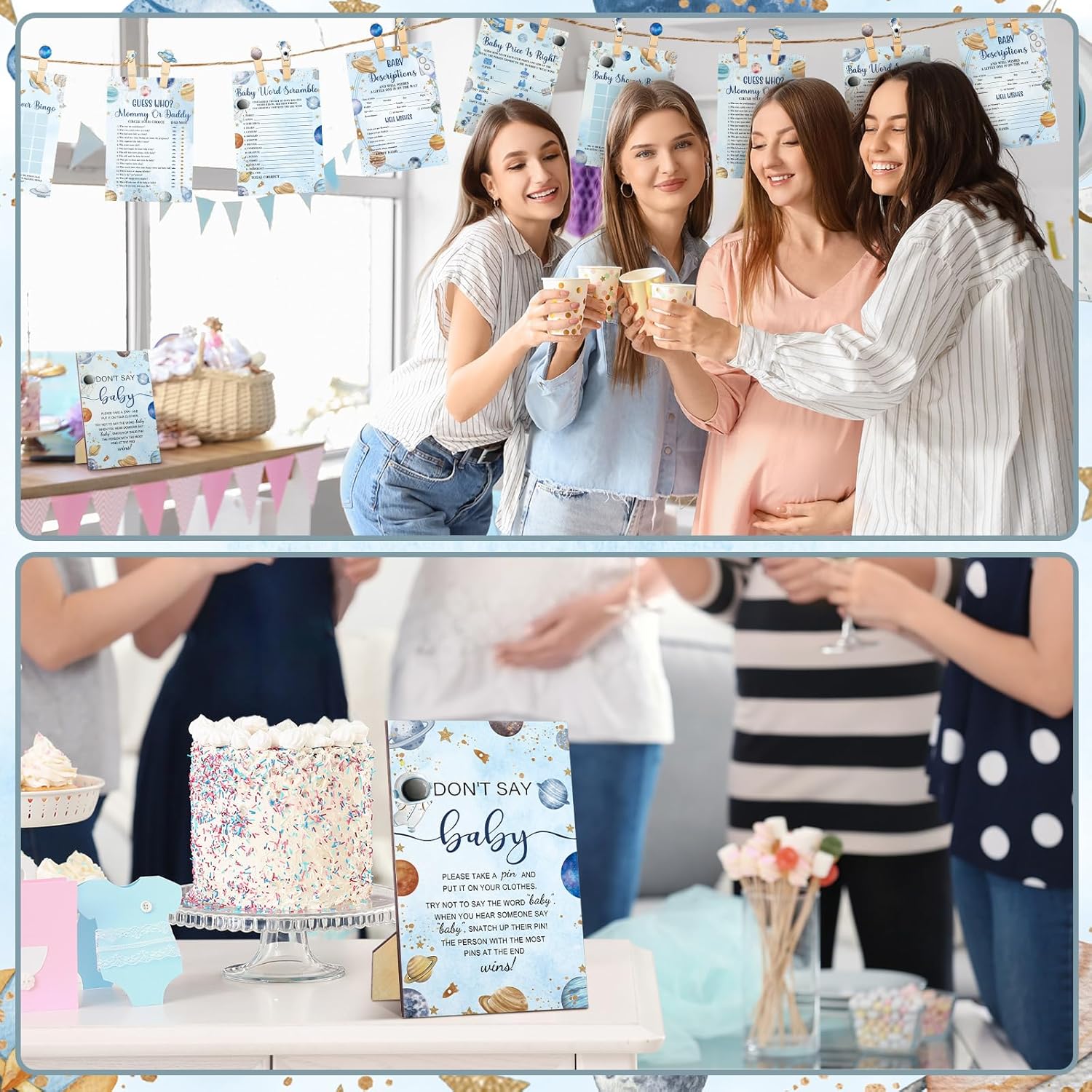 Patelai 321 Space Baby Shower Decorations Games Supplies Houston We Have a Boy Astronaut Themed Wooden Don't Say Sign for Space Astronaut Planet Galaxy Planets Baby Shower Birthday Party Decoration