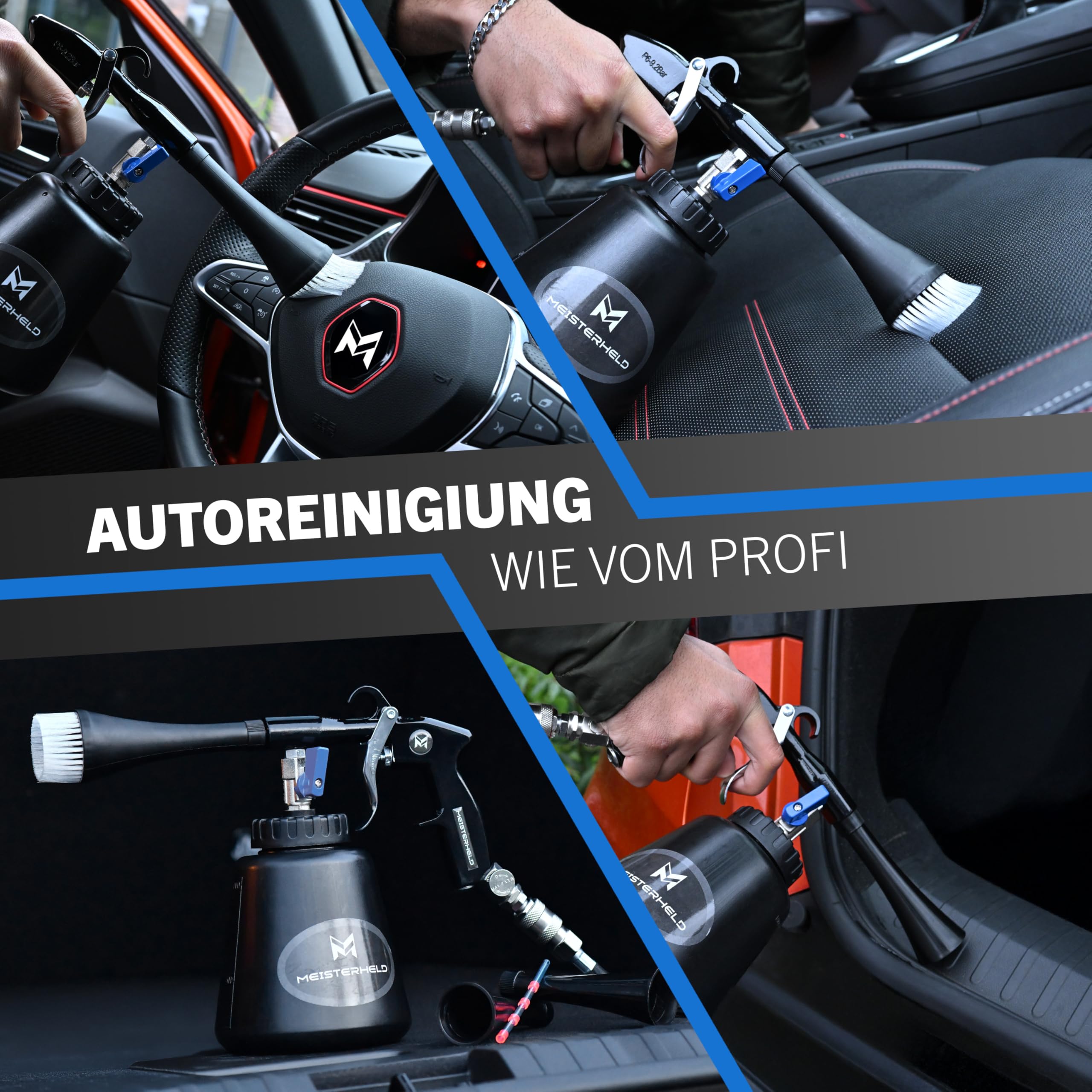 Druckluftreinigungspistole - präziser Trocken- & Nass-Reiniger für Auto, Teppich & Co - Luftdruckpistole mit Wassertank, Bürsten-Aufsatz & Dosierventile