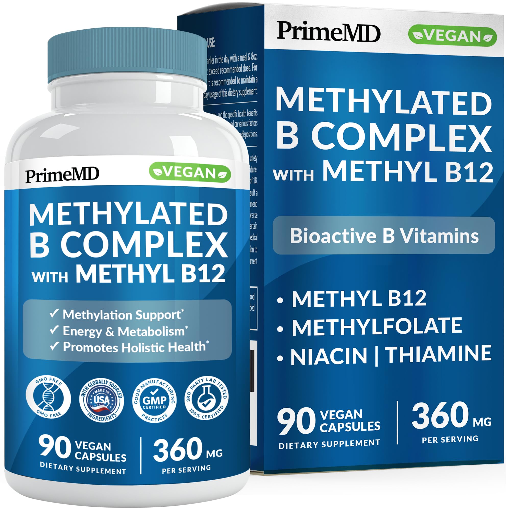 Complejo de vitamina B metilada con metilfolato y metilcobalamina B12 1000 mcg - Multivitamínico metilado para mejorar la energía, la función cerebral y el bienestar - Complejo de vitamina B para hombres y mujeres (90 porciones) (Paquete de 1)