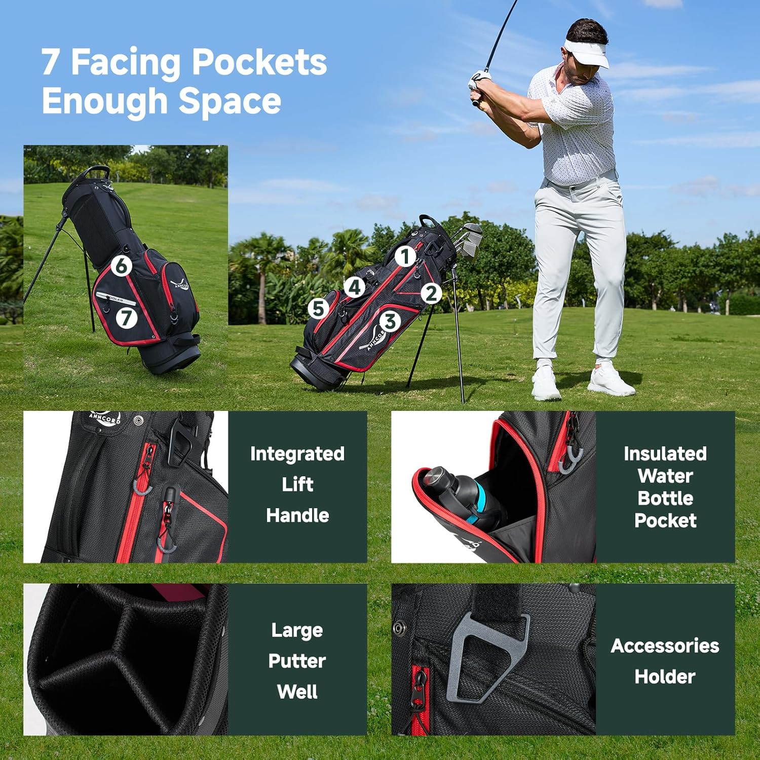 Anncord Golf Stand Bag with 4 Way Full Length Dividers, 4.4 Lbs Lightweight Golf Bag for Men Women, Waterproof Golf Carry Bags w/Stand, 7 Pockets & Cooler Pouch, Dual Straps, Rain Hood
