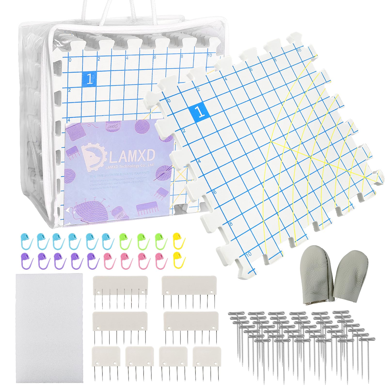 LAMXD Blocking Mats for Knitting - Extra Thick Blocking Boards with Grids with 8PCS Knitting blockers,100 T-pins and 20 Stitch Marker for Needlework or Crochet - Pack of 9