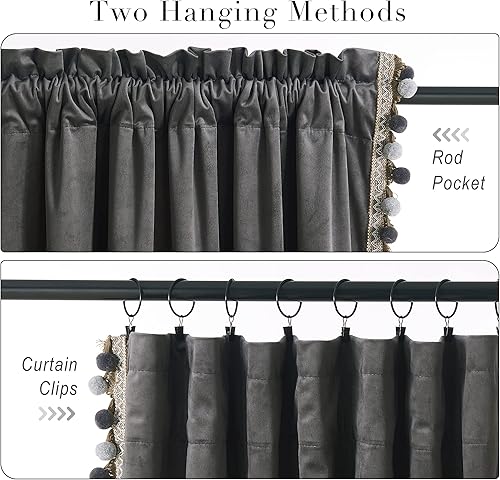 Miniatura 4 de StangH Cortinas de terciopelo gris Juego de 2 paneles de cortinas de lujo con pompones para sala de estar, cortinas bohemias para oscurecer la