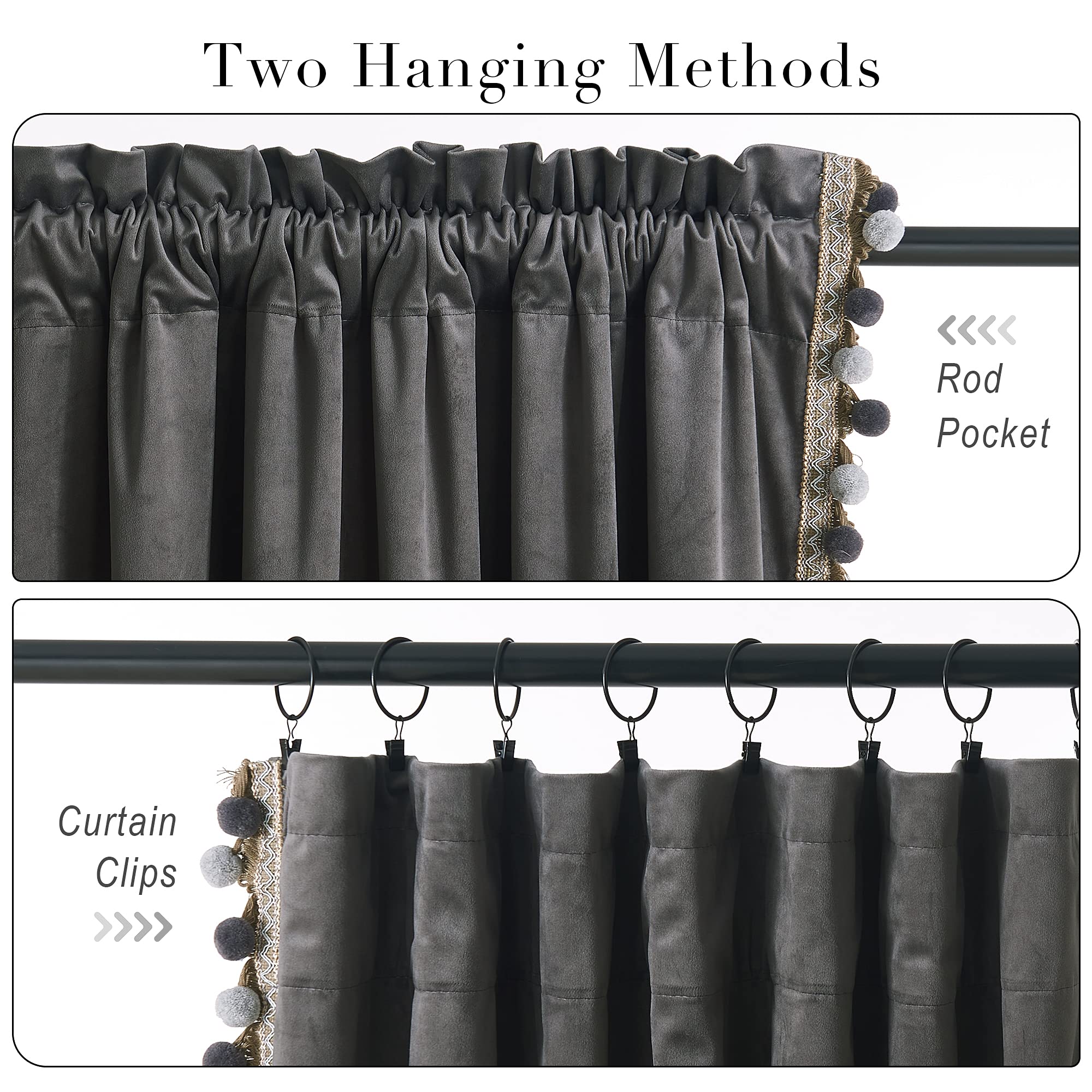 StangH Cortinas de Terciopelo de Lujo con Pompones, Cortinas Decorativas para oscurecer la habitación, con Aislamiento térmico, Bolsillo para cortinero, para Sala de Estar/Armario, 52 Pulgadas de