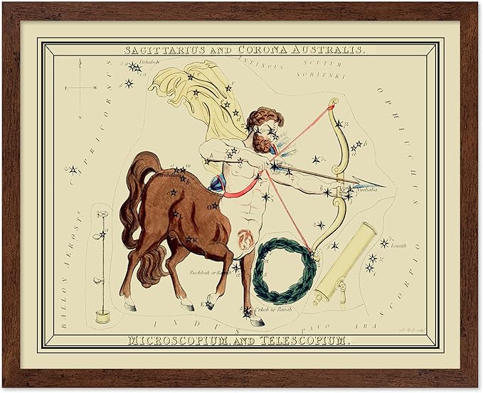 Monem Art Astrology Print - Sagittarius Zodiac Constellation Poster - Great Vintage Zodiac Sign, Astrology and Aptitude - Wall Decor for Home or Office - 16x20 Brown Framed