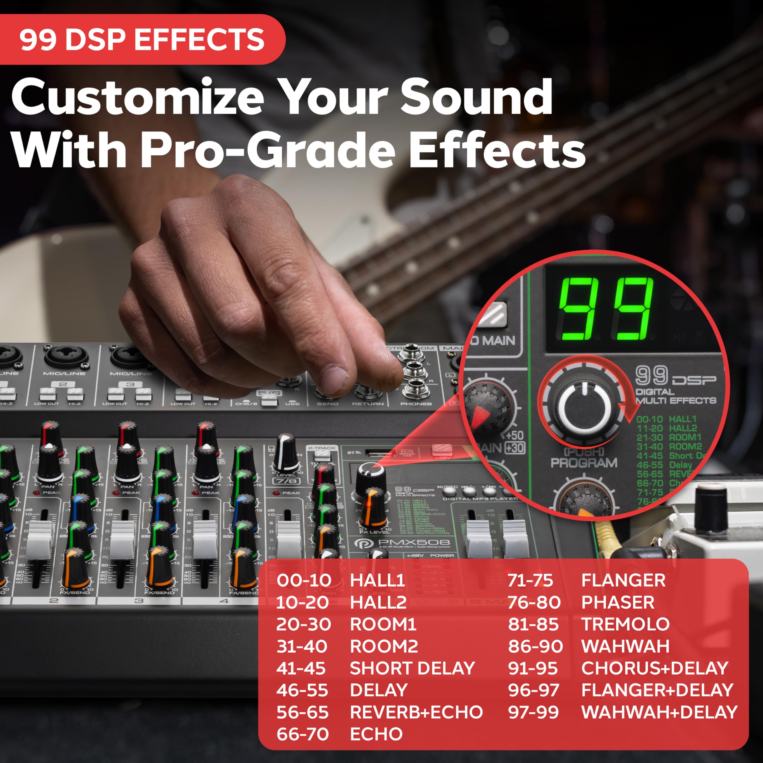 Pyle 8-Channel Audio Mixer, Bluetooth Studio Mixer/DJ Controller with Digital Effects, USB Interface, MP3 Compatible, XLR Inputs and LED Display, Audio Mixing Sound board System 10”x11”x3” inches